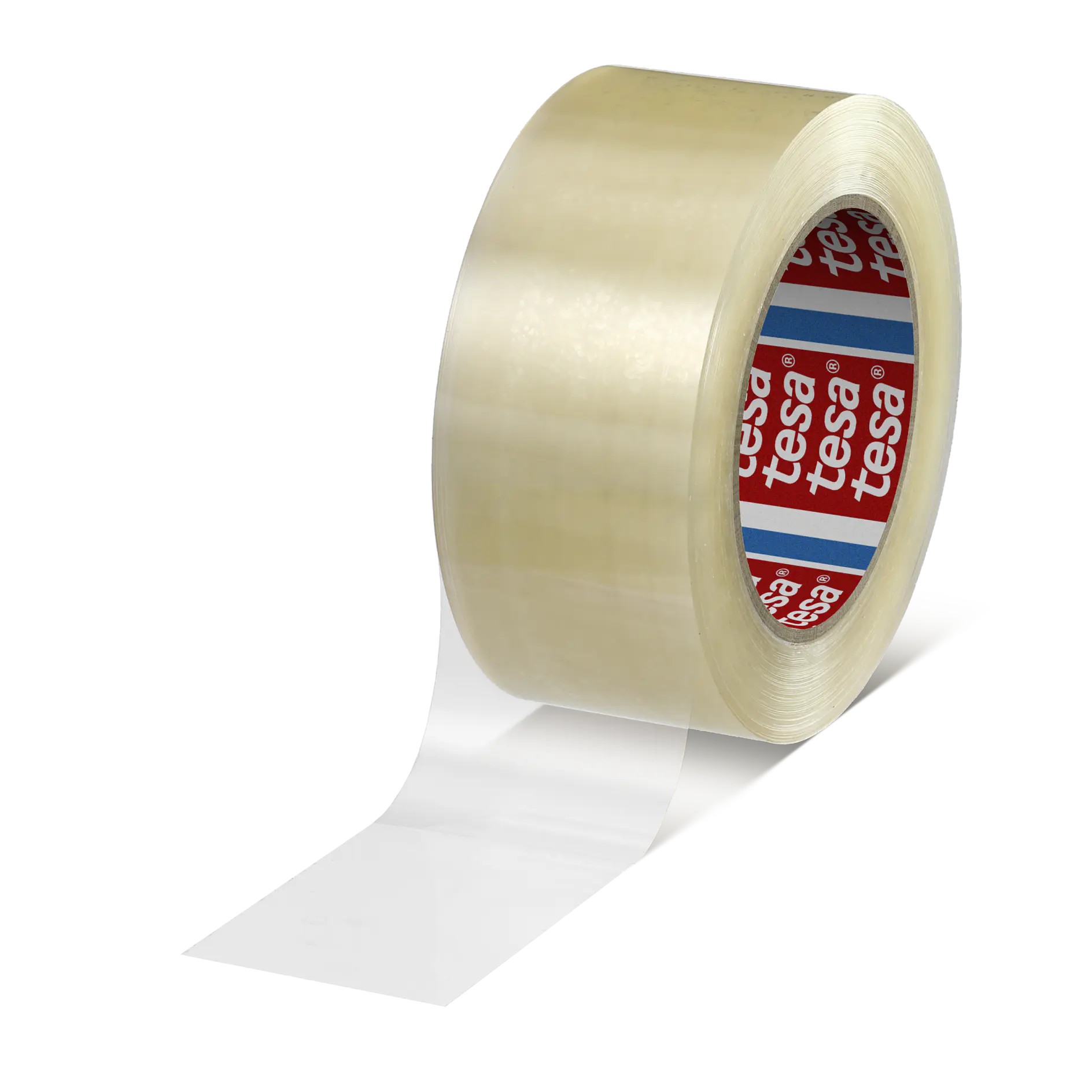 A roll of transparent adhesive tesa tape with a small length unrolled, displaying the brand name on the inner core. The tesa tape is shiny and reflective, commonly used for sealing or packaging. (This text has been generated by AI)