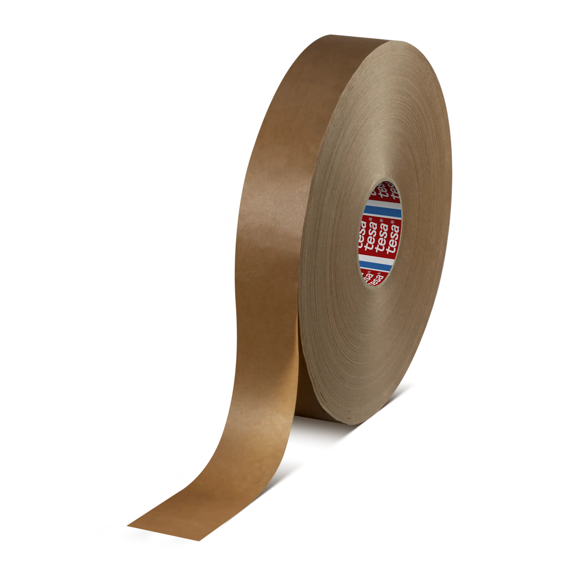 A large roll of brown adhesive tesa tape with the brand name visible on the inner core. One end of the tesa tape is partially unrolled and extends downward. The tesa tape has a shiny surface and appears thick and sturdy. (This text has been generated by AI)