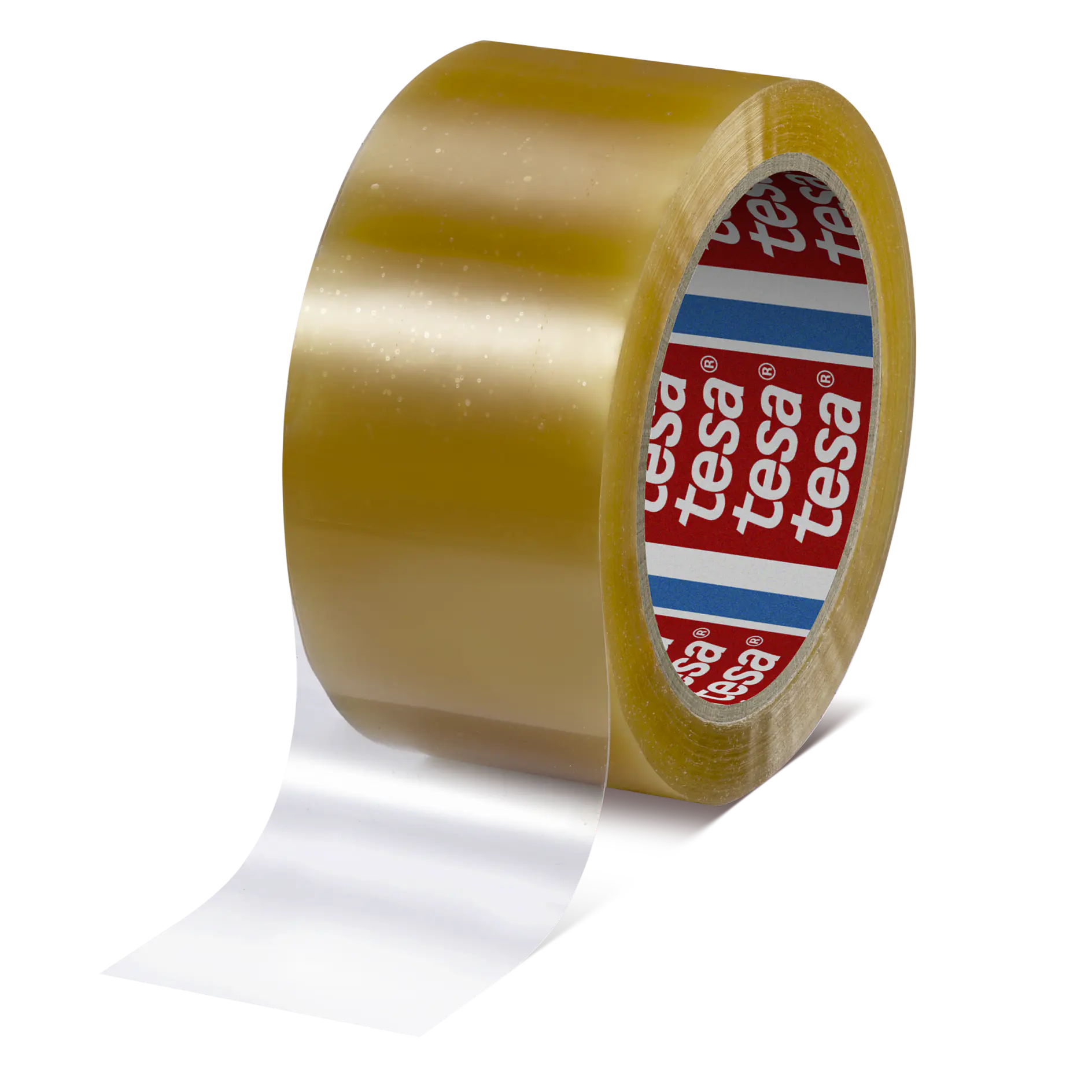 A roll of transparent adhesive tesa tape with a partially unrolled strip. The inner core of the roll has the brand name tesa printed in white on a red and blue background. The tesa tape is set against a plain white background. (This text has been generated by AI)
