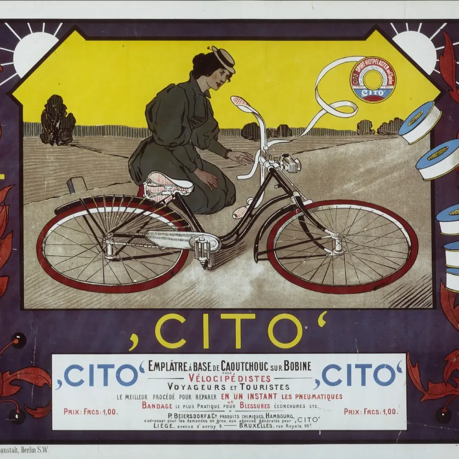 Vintage poster advertising Cito bicycle tires. Features a person riding a bicycle with large wheels. The background displays trees, floating tires, and product logos. Text promotes the benefits of Cito rubber tires.