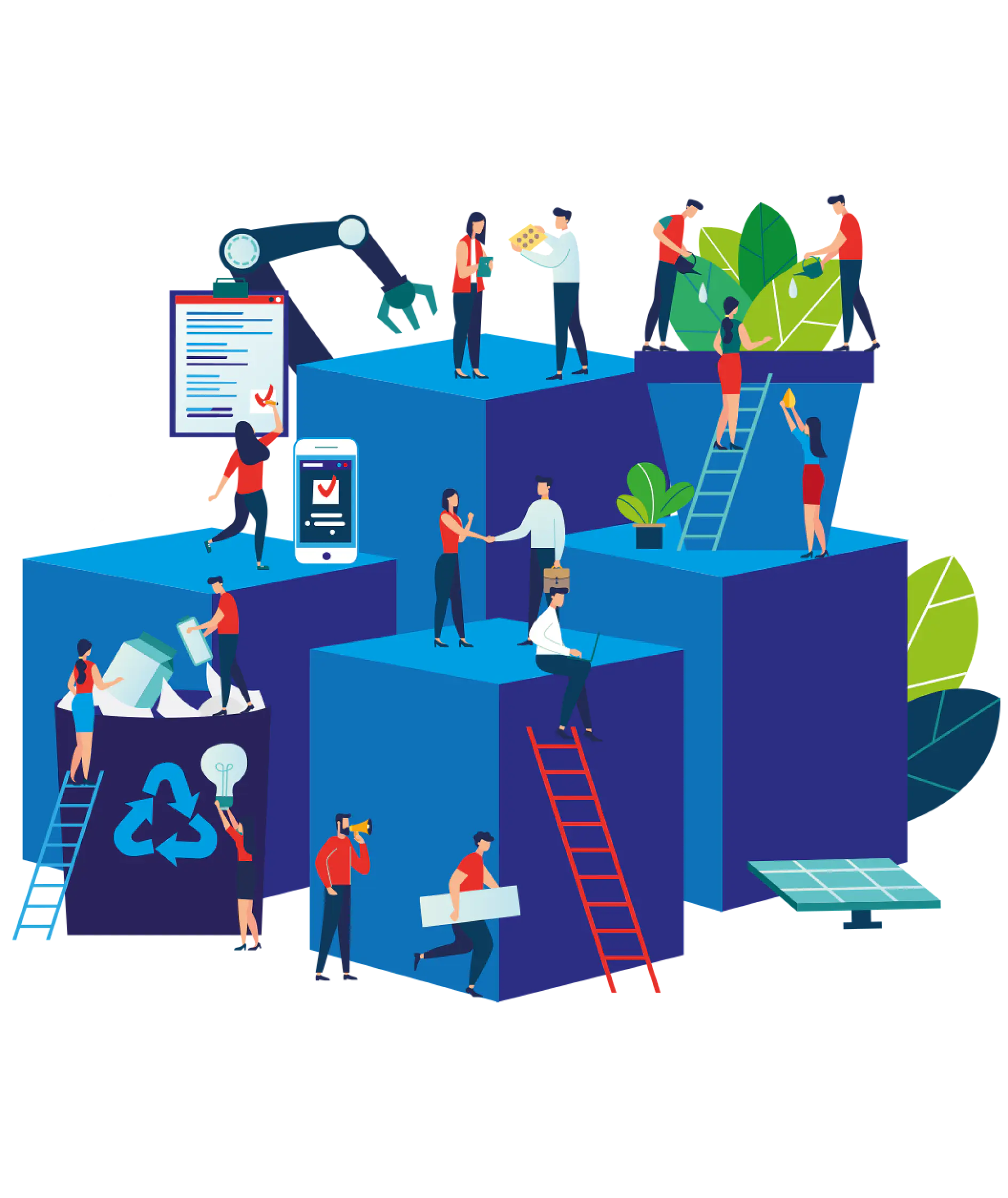 Illustration of people working on and around large blue blocks. Activities include teamwork, climbing ladders, handling recycling with tesa tape, using technology with tesa tape applications, and tending to plants secured with tesa tape. A robotic arm operating with tesa tape assistance, a smartphone connected via tesa tape integration, and a solar panel mounted with the help of tesa tape are also depicted.