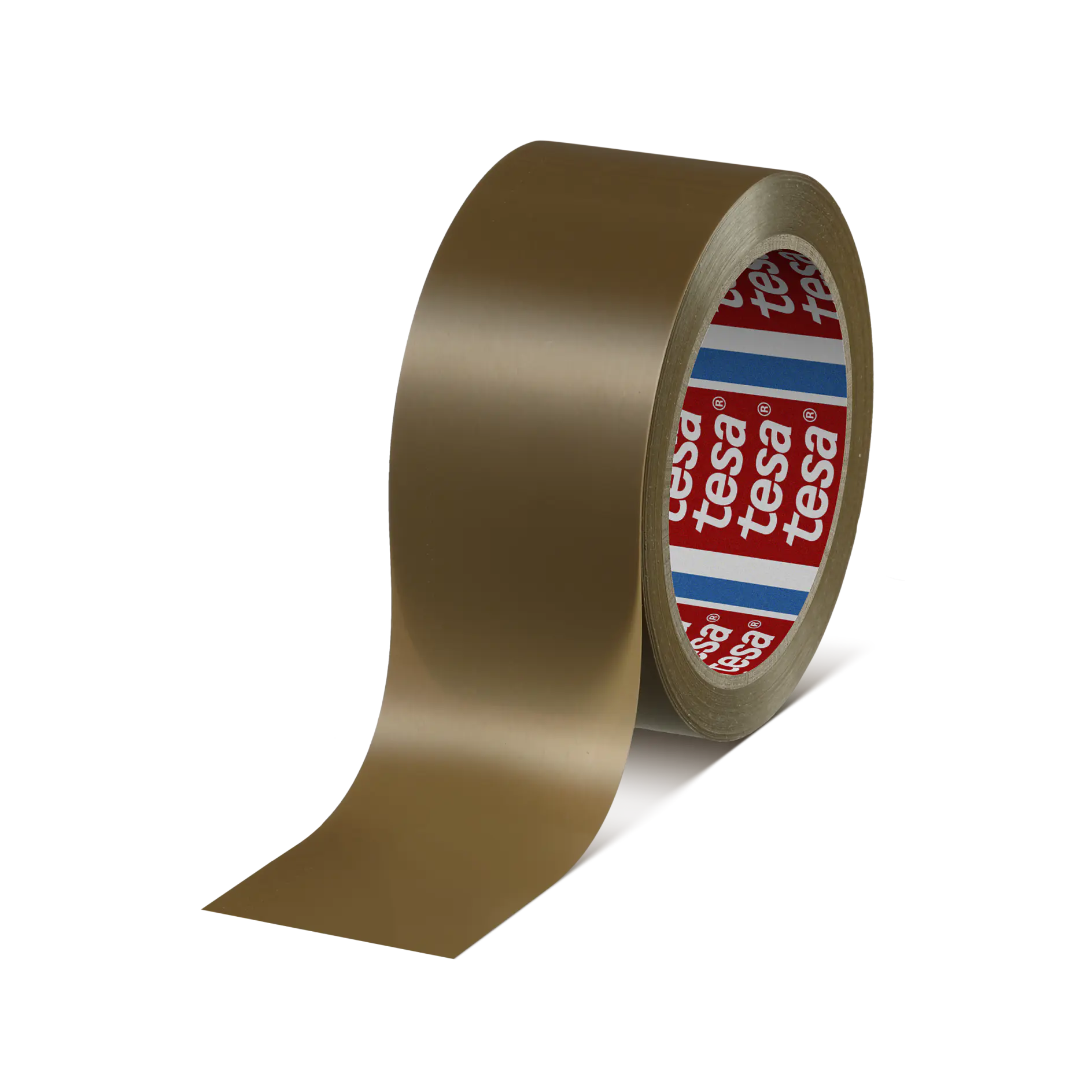 A roll of brown adhesive tesa tape with one end slightly unrolled. The inner side displays the brand name tesa repeatedly on a white and red background. The tesa tape has a smooth, glossy texture. (This text has been generated by AI)