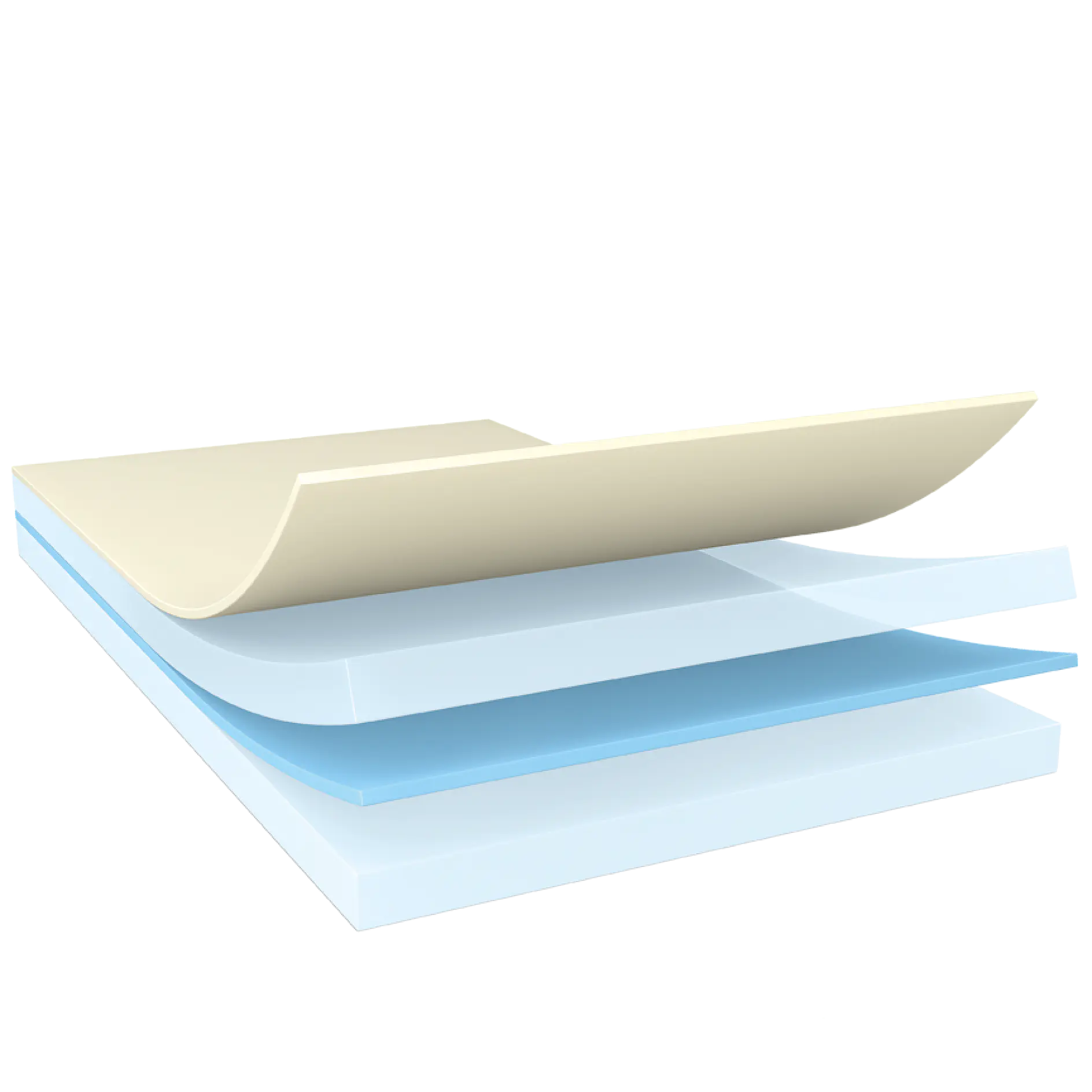 Illustration of a layered structure with three sheets. The top layer is beige and slightly curved. The middle layer is light blue, and the bottom layer is blue. A small yellow rectangle featuring tesa tape is beneath the layers.