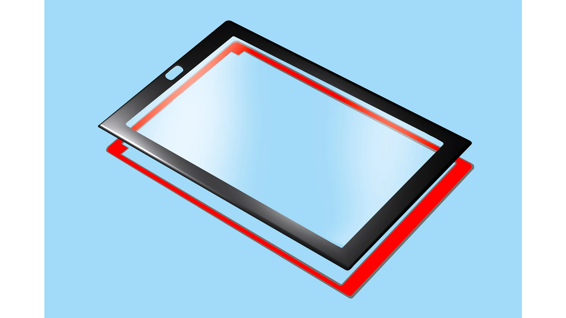 Illustration of a black tablet screen with a shiny surface. The screen is placed slightly above a red rectangular frame made with tesa tape. The background is a solid light blue. (This text has been generated by AI)