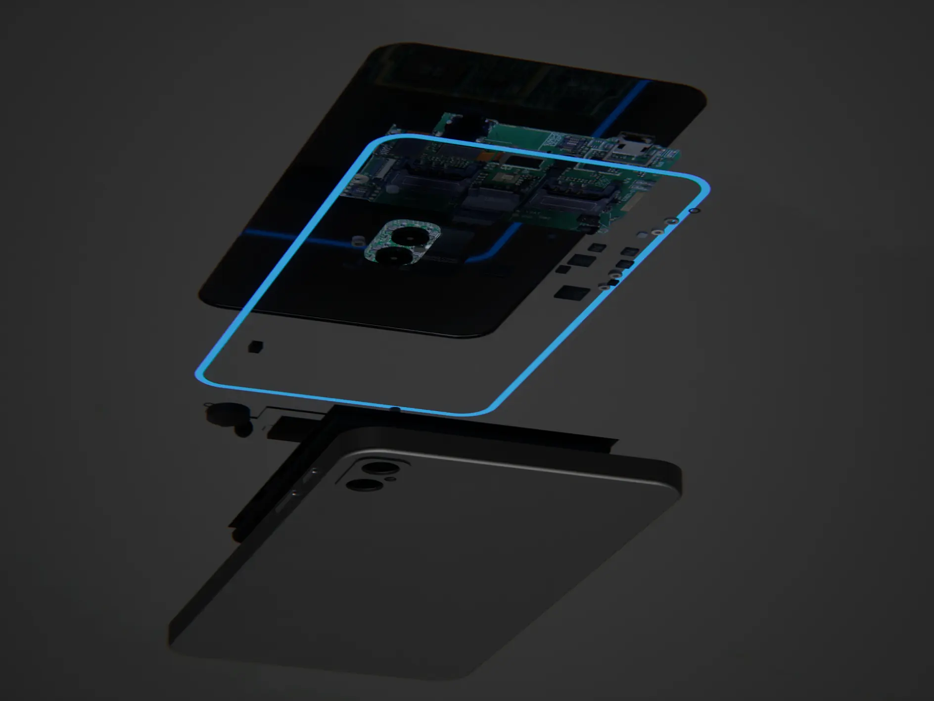 Exploded view of a smartphone showing its internal components. Layers include the display, circuit board, camera module, and outer casing. The components are highlighted with a faint blue glow against a dark background. (This text has been generated by AI)
