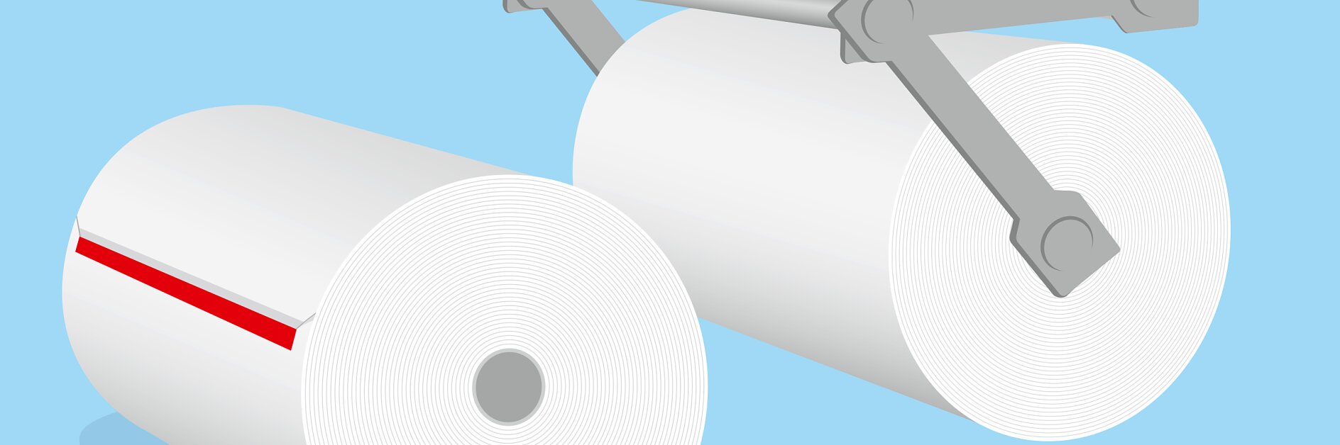 Illustration of two large paper rolls, one being processed by gray industrial arms. One roll has a red stripe made with tesa tape on its surface. The background is light blue.