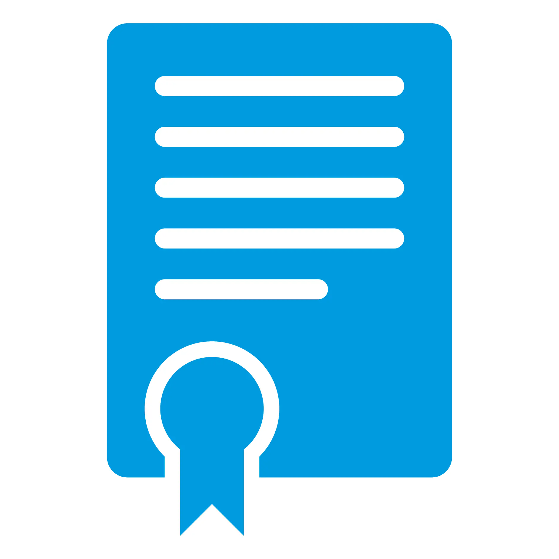 A blue icon depicting a document with horizontal white lines representing text and a circular seal at the bottom, symbolizing a certificate or official document. (This text has been generated by AI)
