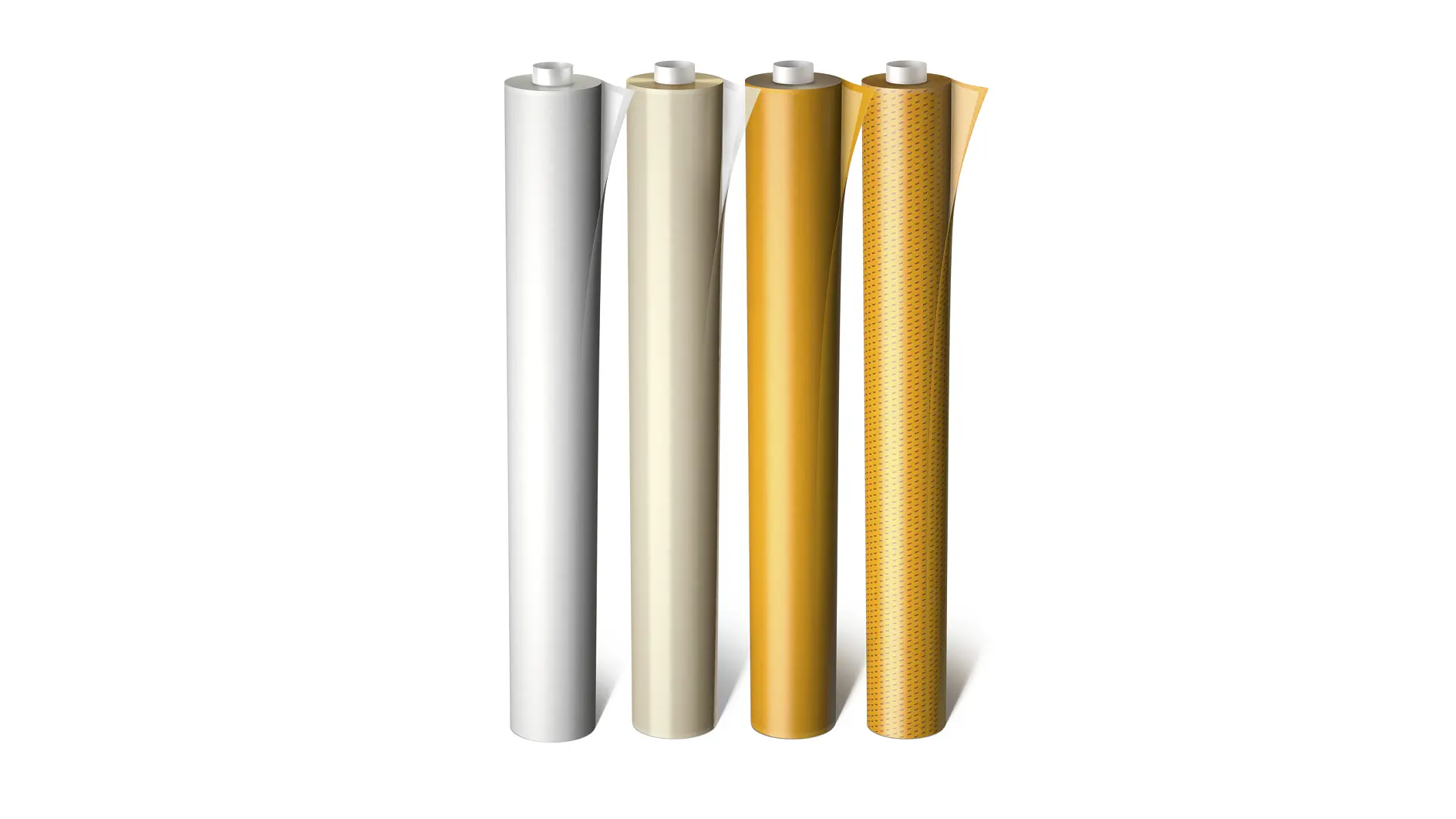 Four rolls of material stand upright. The first roll is white, the second is light beige, the third is orange, and the fourth is an orange roll with a hexagonal pattern. Each roll is supported by a cylindrical core of tesa tape. (This text has been generated by AI)