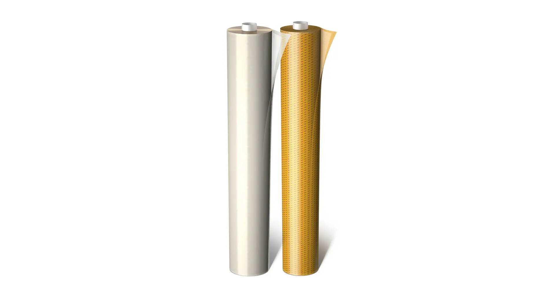 Two vertical rolls of adhesive film are shown. The left roll is white, and the right roll has a reflective orange pattern. Both rolls are upright, with the orange tesa tape slightly unrolled at the top edge. (This text has been generated by AI)