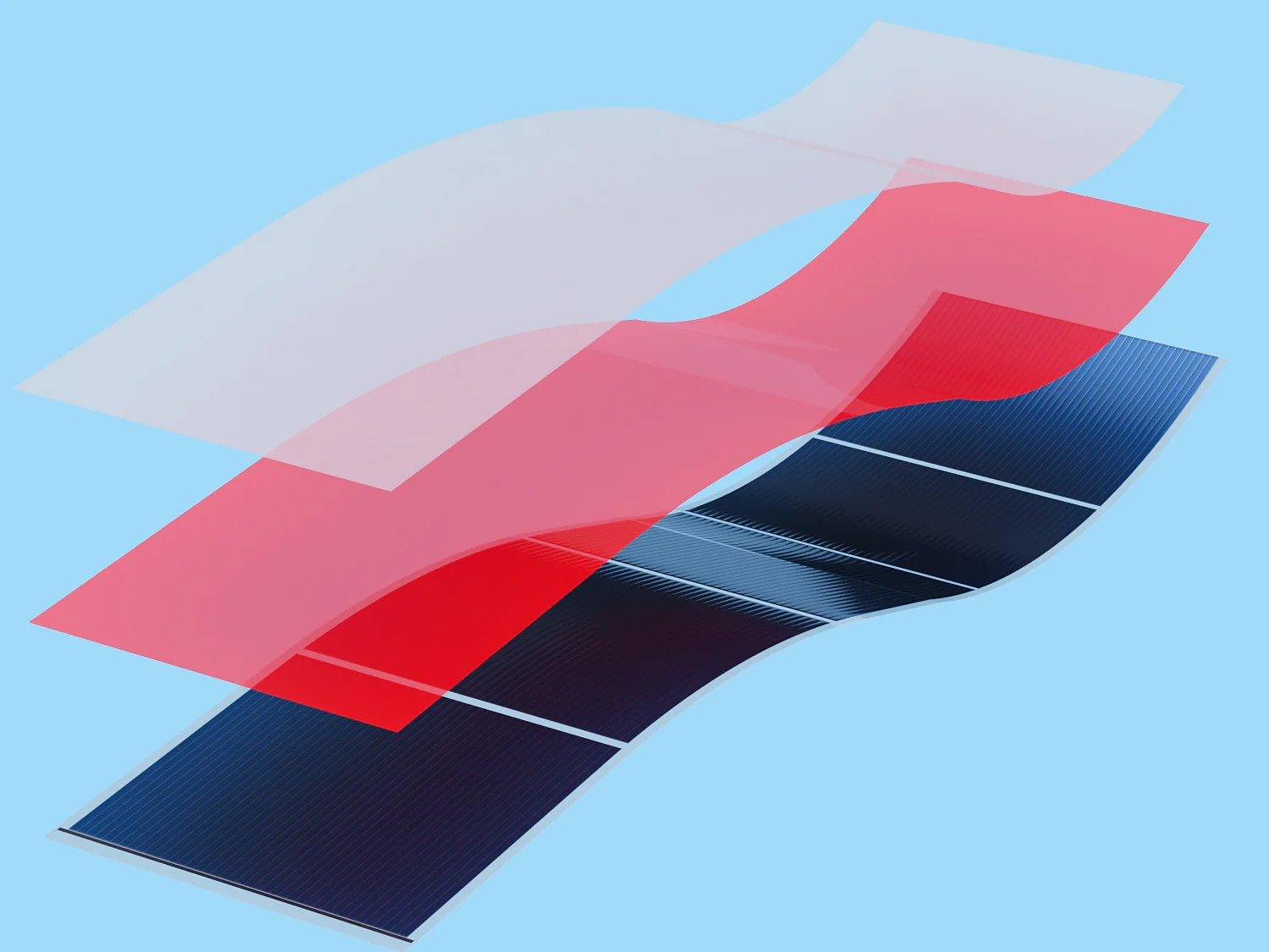 A digital illustration shows a stack of transparent and colored layers, including a reflective blue-toned sheet made with tesa tape, on a light blue background. The layers, created using tesa tape, appear to be flexible and are arranged in a flowing, wavy pattern. (This text has been generated by AI)