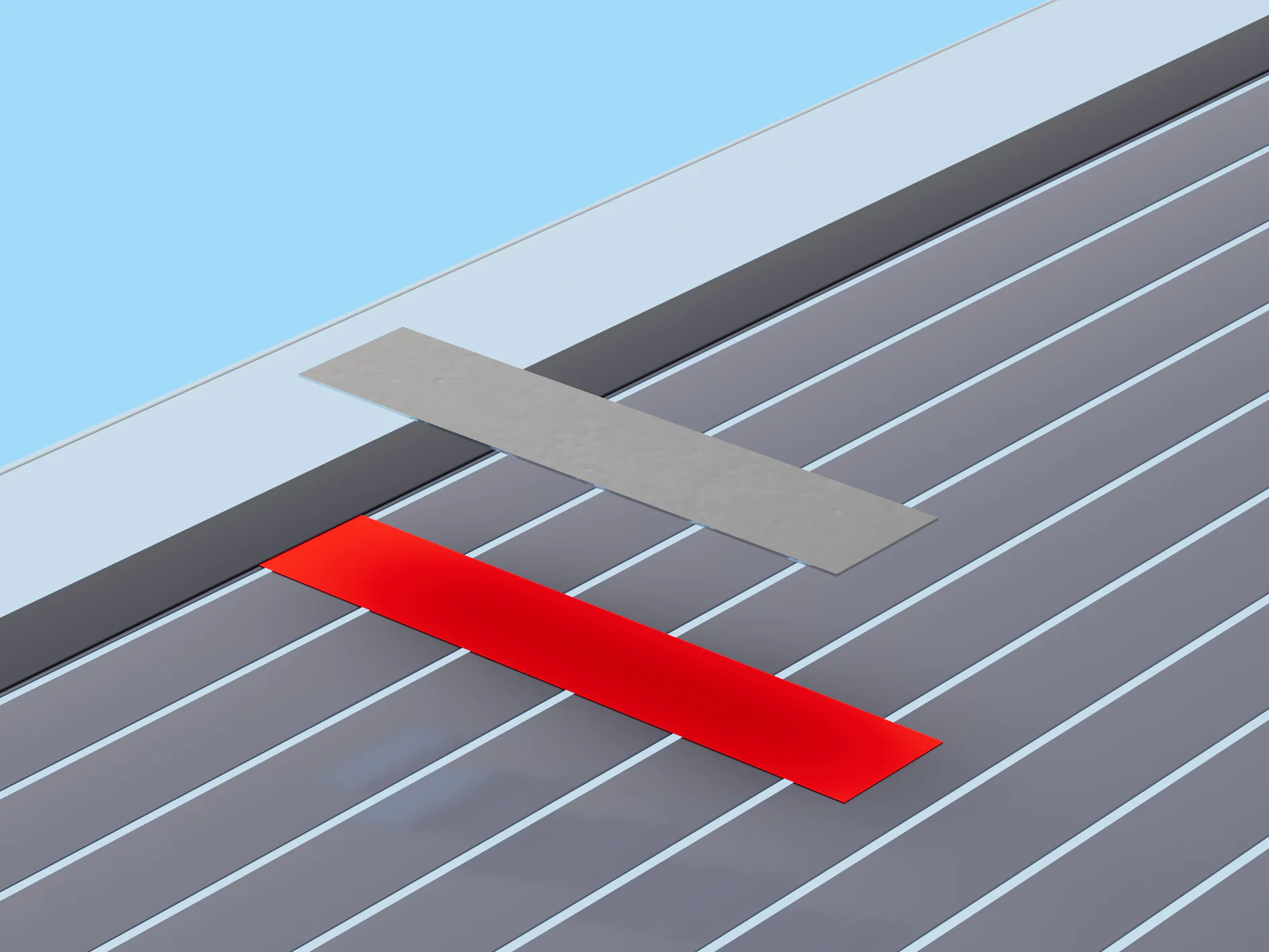 A long gray rectangular object is positioned above a bright red rectangle, both situated over a vertically-striped gray and blue surface. The background is a light blue, suggesting a sky or open space. (This text has been generated by AI)