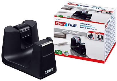The refillable desk dispenser Smart is suitable for adhesive tape rolls with 19 mm width and up to 33 meters length - it is delivered with a roll tesafilm® crystal-clear.