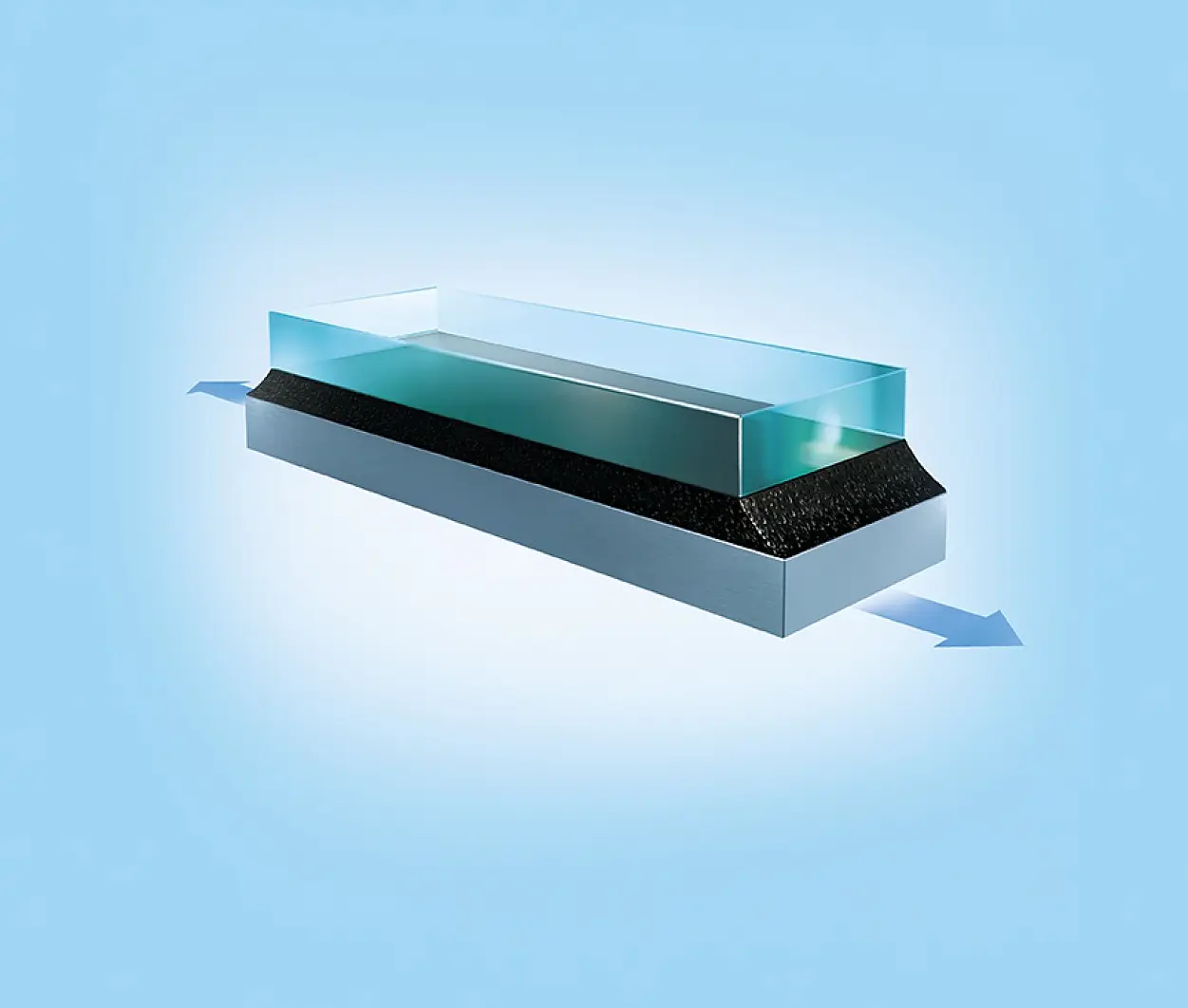 Image of a rectangular glass block with beveled edges resting on a black textured surface. A light blue arrow points right from underneath, with the background in a solid light blue color. (This text has been generated by AI)