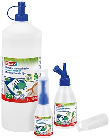 Der tesa Vielzweckkleber ecoLogo® ist in den Größen 50 g und 100 g erhältlich. Darüber hinaus gibt es eine 1000 g Flasche. Der Vorteil der XXL-Flasche: Der Vielzweckkleber ecoLogo® kann in leere 100 g Nachfüllflaschen abgefüllt werden.