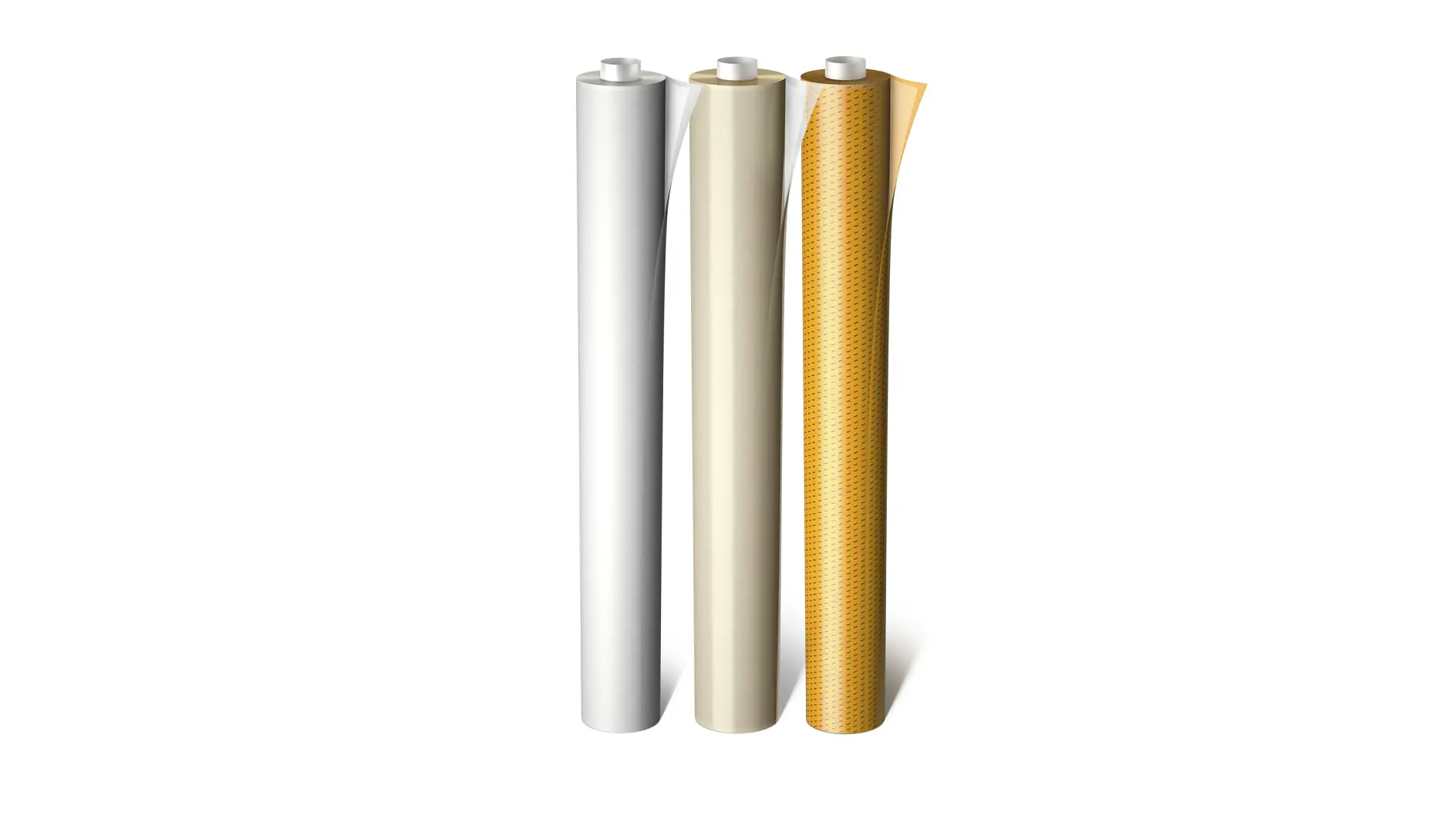 Three rolls of wrapping paper stand upright side by side, held together with tesa tape. The papers are in white, light yellow, and gold with a subtle dotted pattern. The rolls are positioned against a plain white background. (This text has been generated by AI)