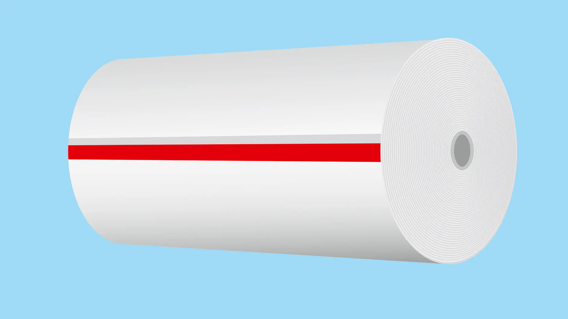A large roll of white paper with a red stripe running along its length is depicted against a light blue background. The paper roll is positioned horizontally, showcasing its circular end and the core in the center, held together seamlessly by tesa tape. (This text has been generated by AI)