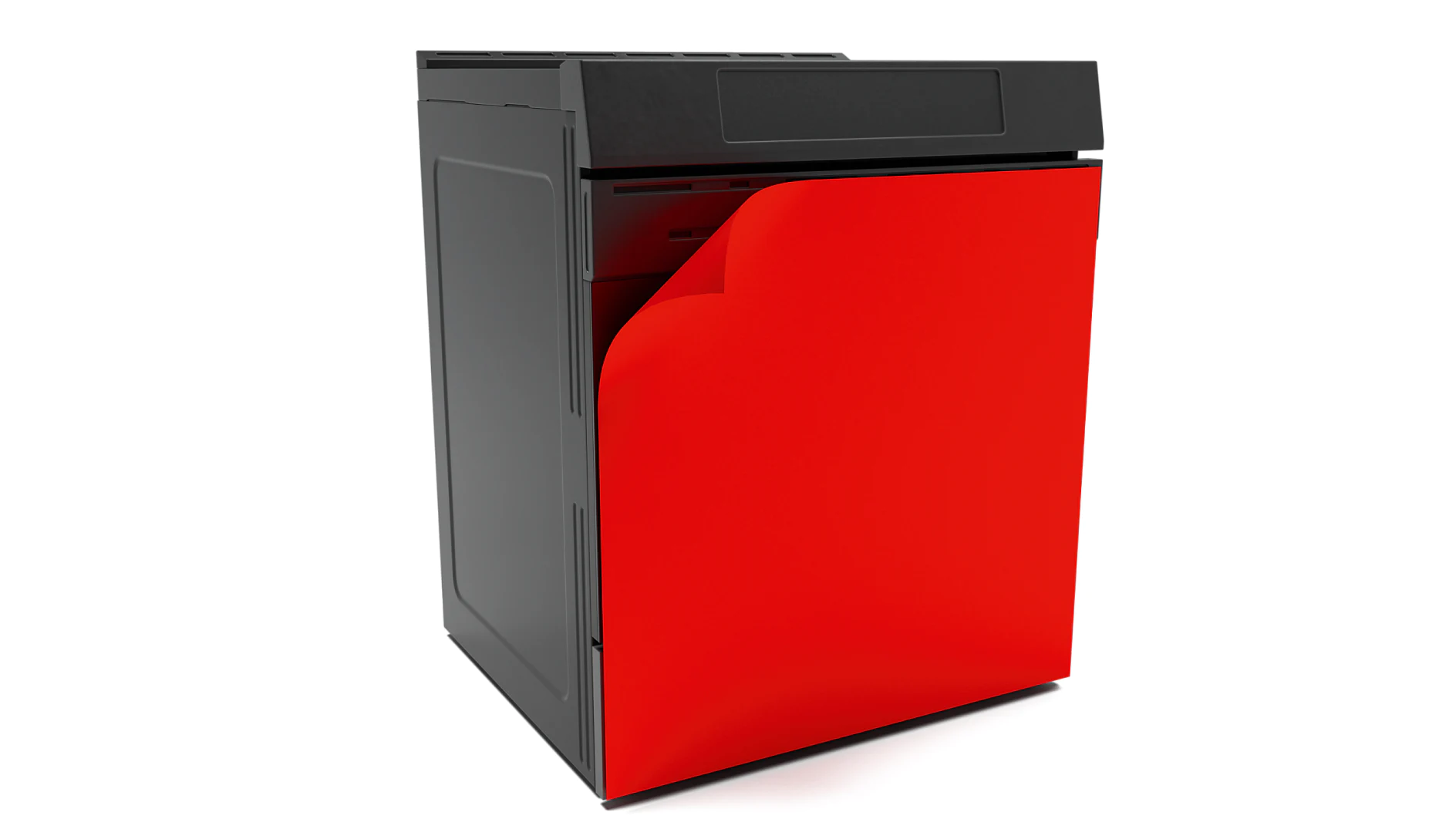 A 3D render of a gray computer tower with a red panel on the front affixed using tesa tape. The red panel appears to be a decorative or design element, distinctive against the otherwise plain gray exterior. The tower is angled slightly in the image. (This text has been generated by AI)