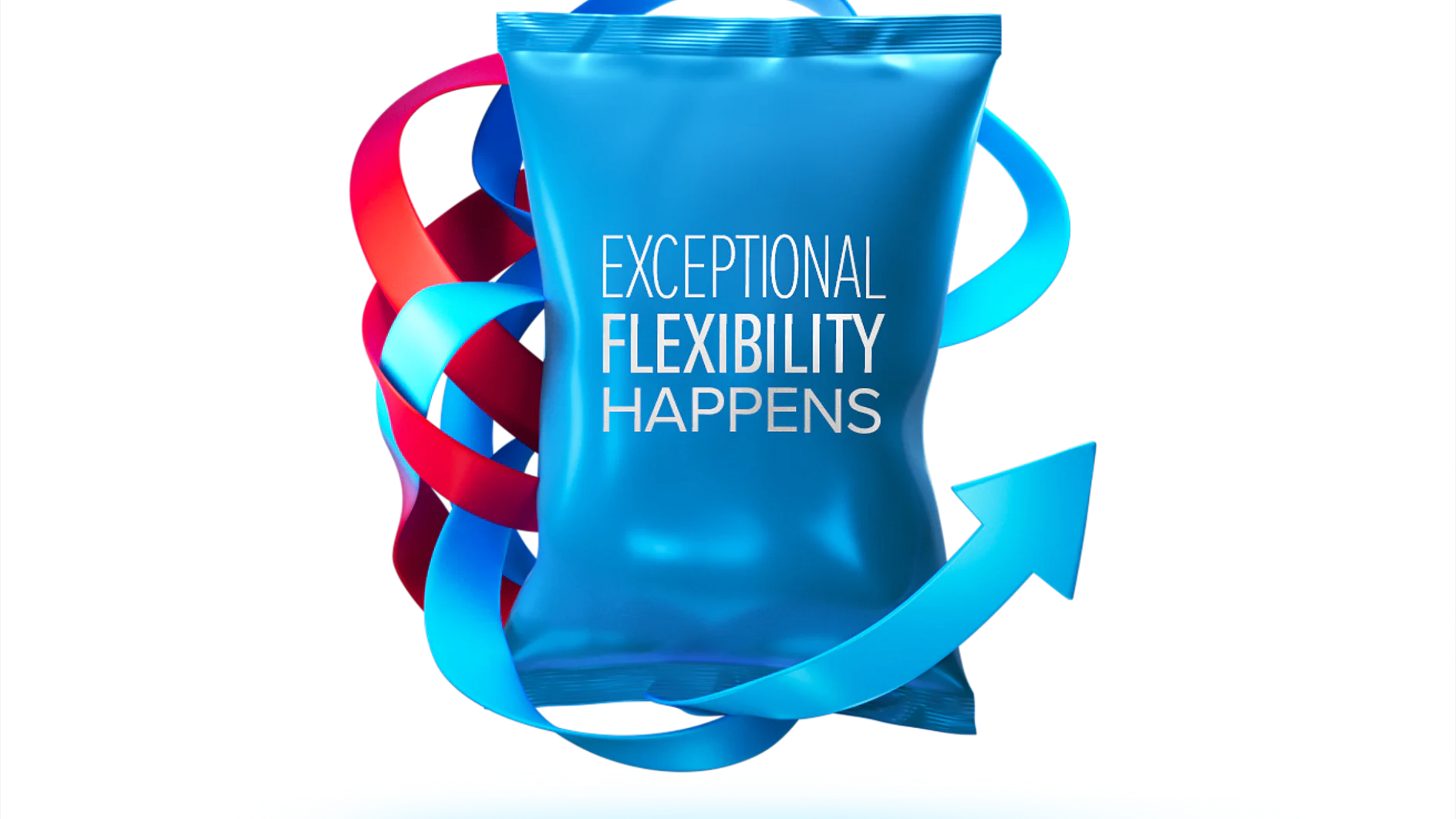 Blue bag with text Exceptional Flexibility Happens is wrapped by red and blue curved arrows made of tesa tape. The bag is centered with a small, circular reflection below. (This text has been generated by AI)