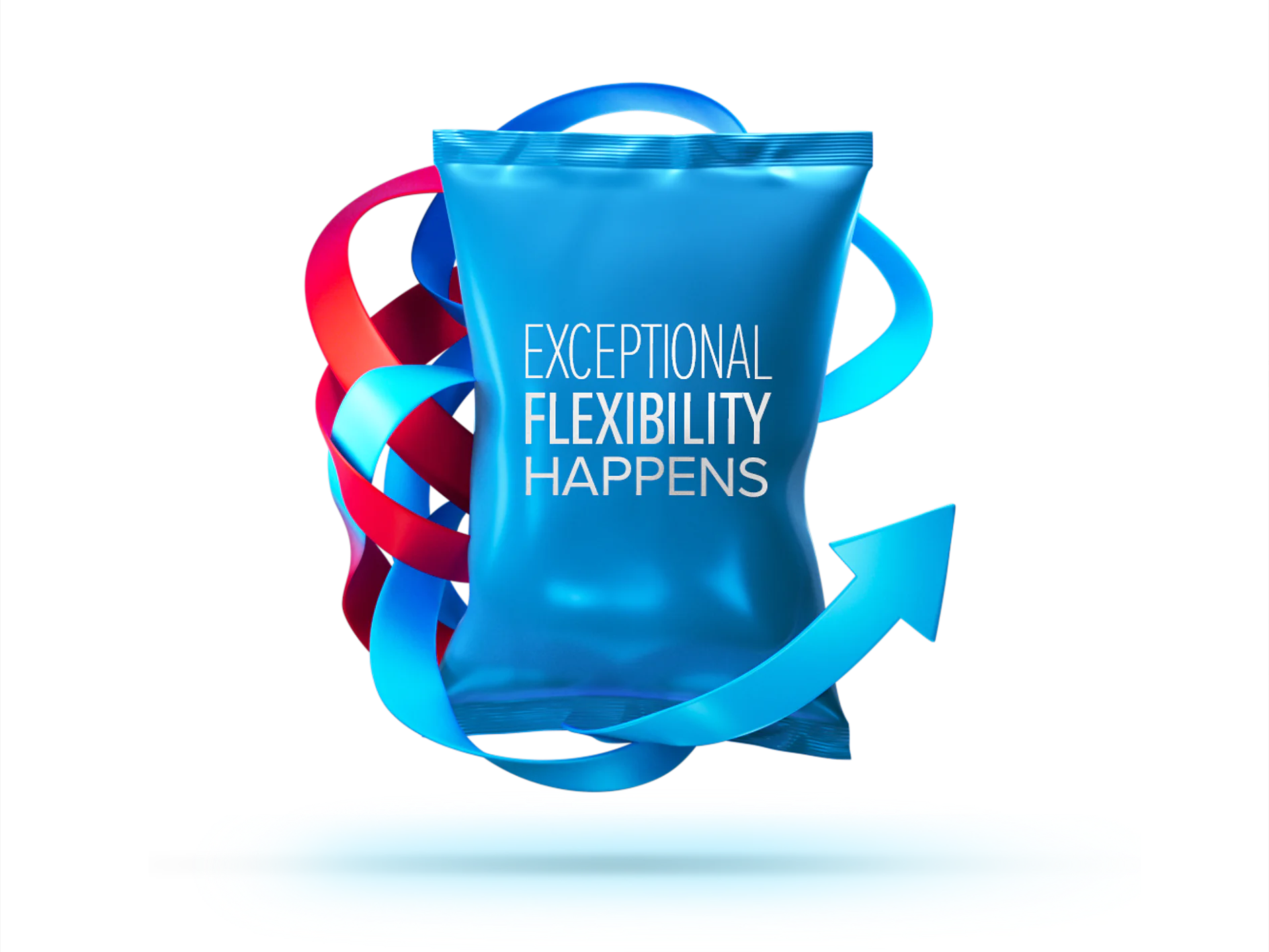 Blue bag with text Exceptional Flexibility Happens is wrapped by red and blue curved arrows made of tesa tape. The bag is centered with a small, circular reflection below. (This text has been generated by AI)