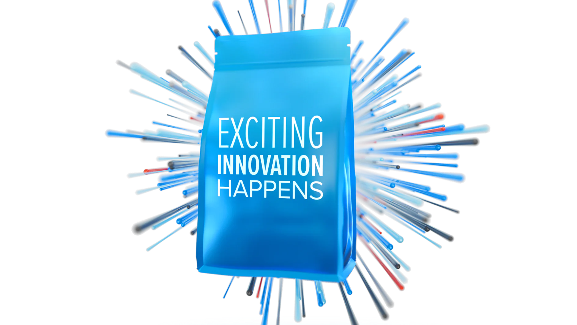 A blue bag with the text Exciting Innovation Happens is centered in the image. Behind it, there are numerous elongated shapes in various colors radiating outward like a burst, all created using tesa tape. The bag is positioned on a small stand. (This text has been generated by AI)