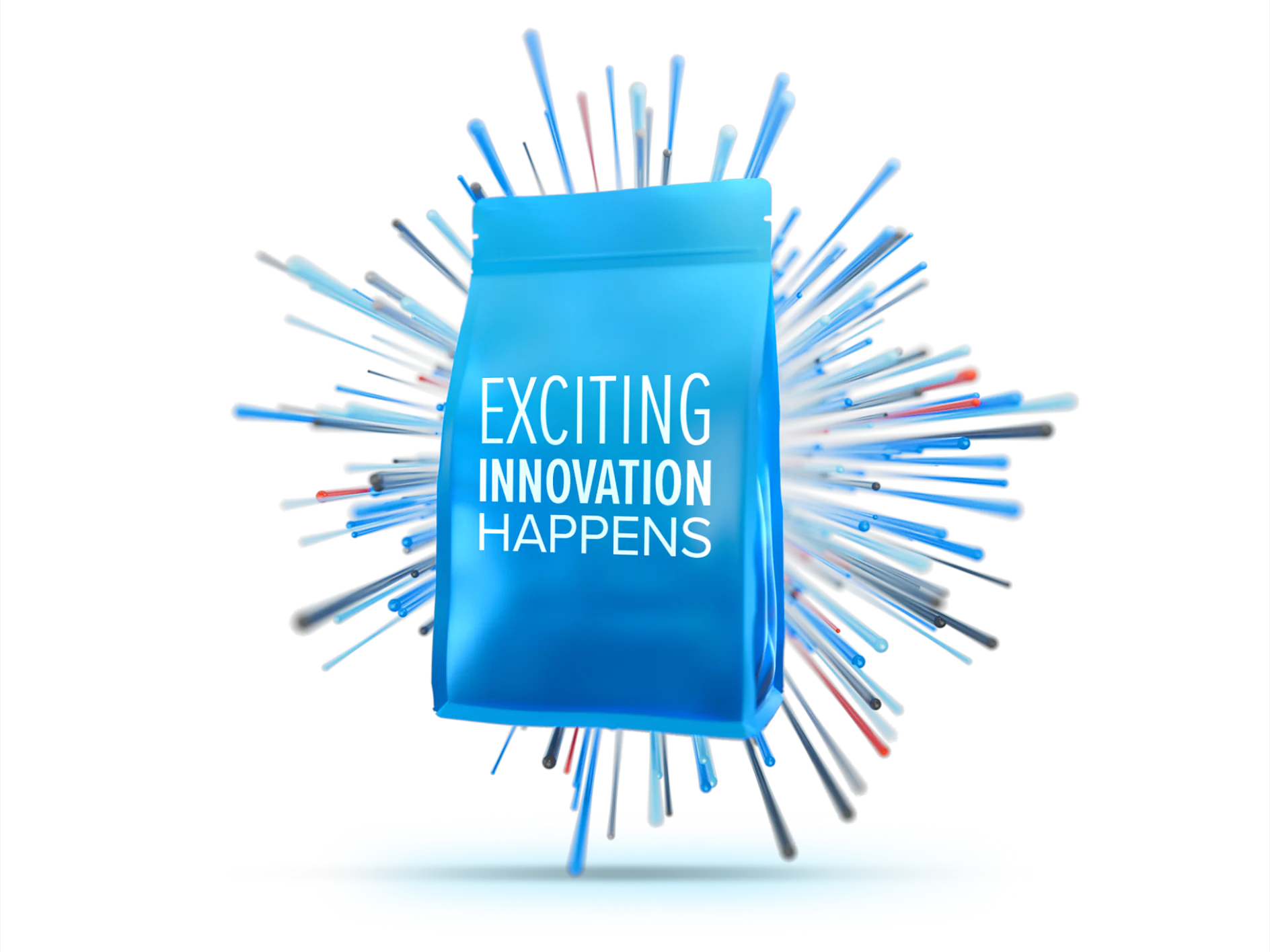 A blue bag with the text Exciting Innovation Happens is centered in the image. Behind it, there are numerous elongated shapes in various colors radiating outward like a burst, all created using tesa tape. The bag is positioned on a small stand. (This text has been generated by AI)