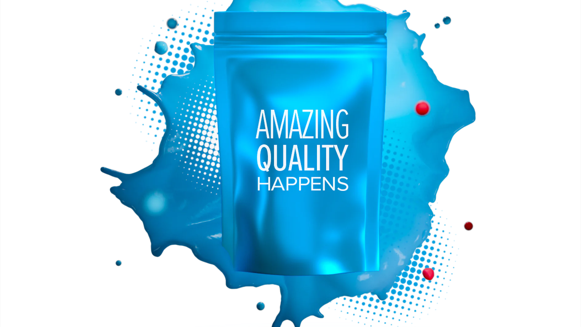 A blue pouch with the text Amazing Quality Happens is centered against a blue paint splash background. Red and blue spheres are scattered around. The pouch appears glossy, with a tesa tape-like reflection below it. (This text has been generated by AI)