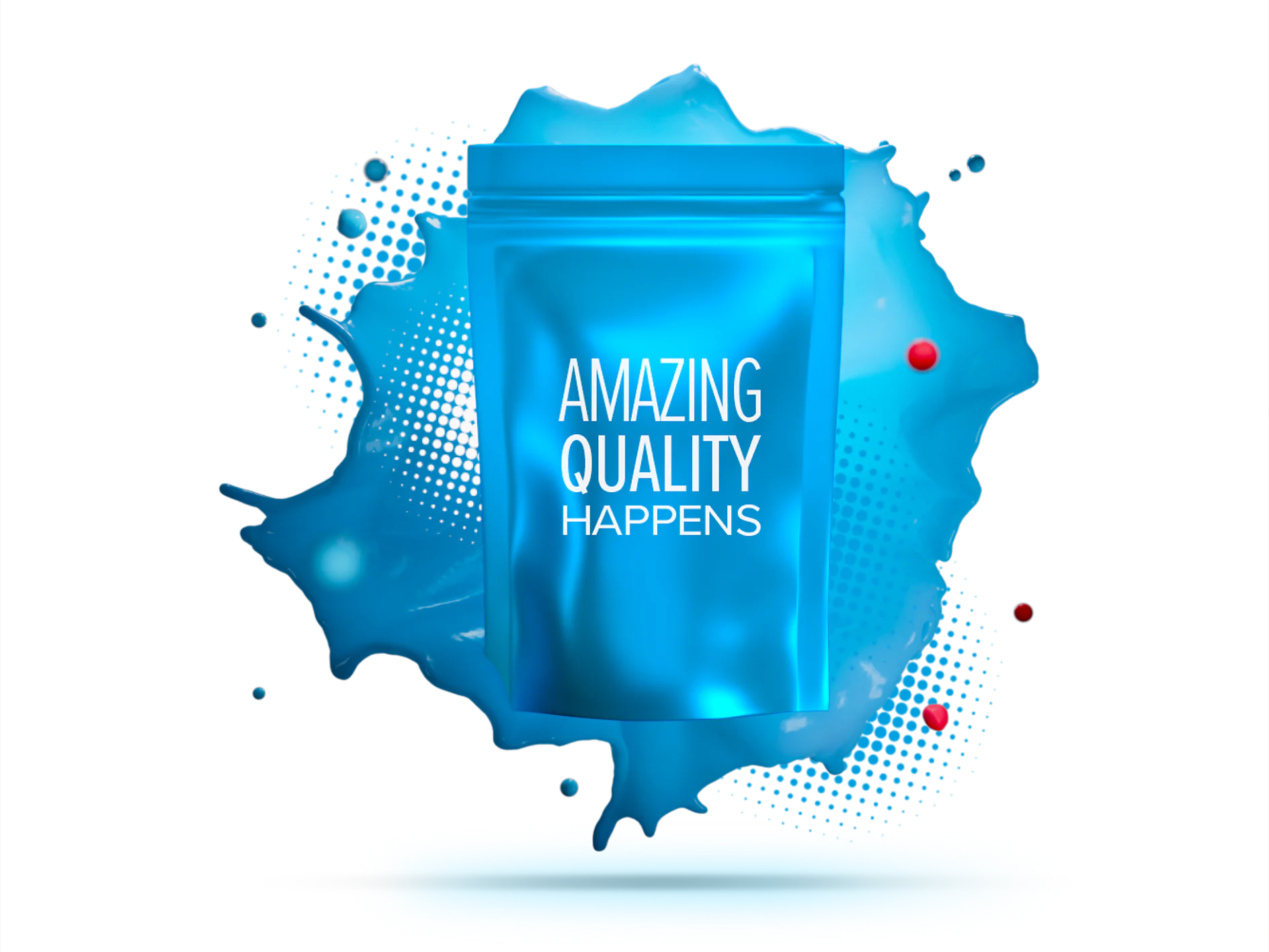A blue pouch with the text Amazing Quality Happens is centered against a blue paint splash background. Red and blue spheres are scattered around. The pouch appears glossy, with a tesa tape-like reflection below it. (This text has been generated by AI)