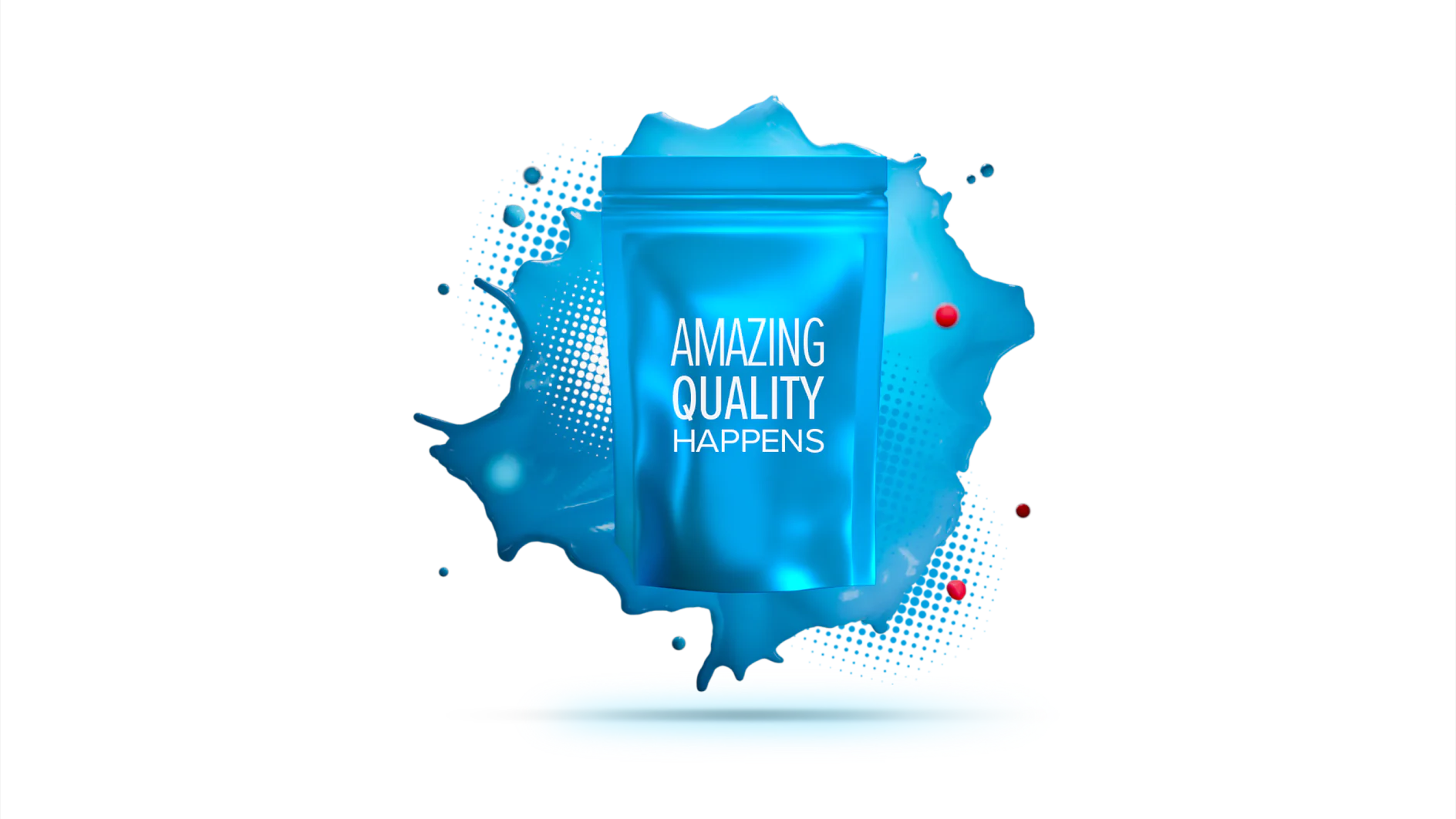 A blue pouch with the text AMAZING QUALITY HAPPENS stands in front of a blue abstract splash design with small dots and red accents. The base is an oval platform, also in shades of blue. (This text has been generated by AI)