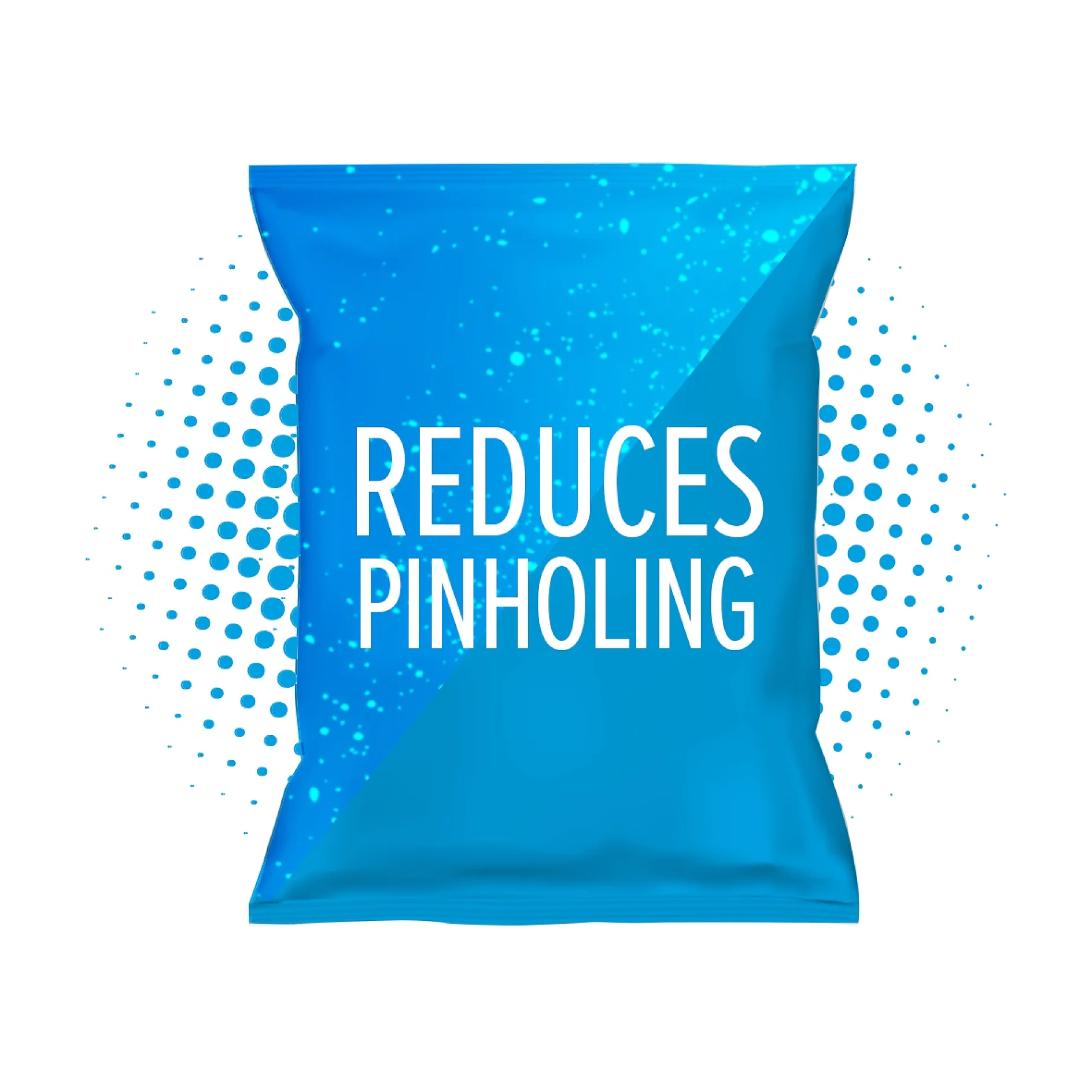 Blue packaging with text that reads Reduces Pinholing. The background features a gradient of blue dots radiating outward from the tesa tape package. (This text has been generated by AI)