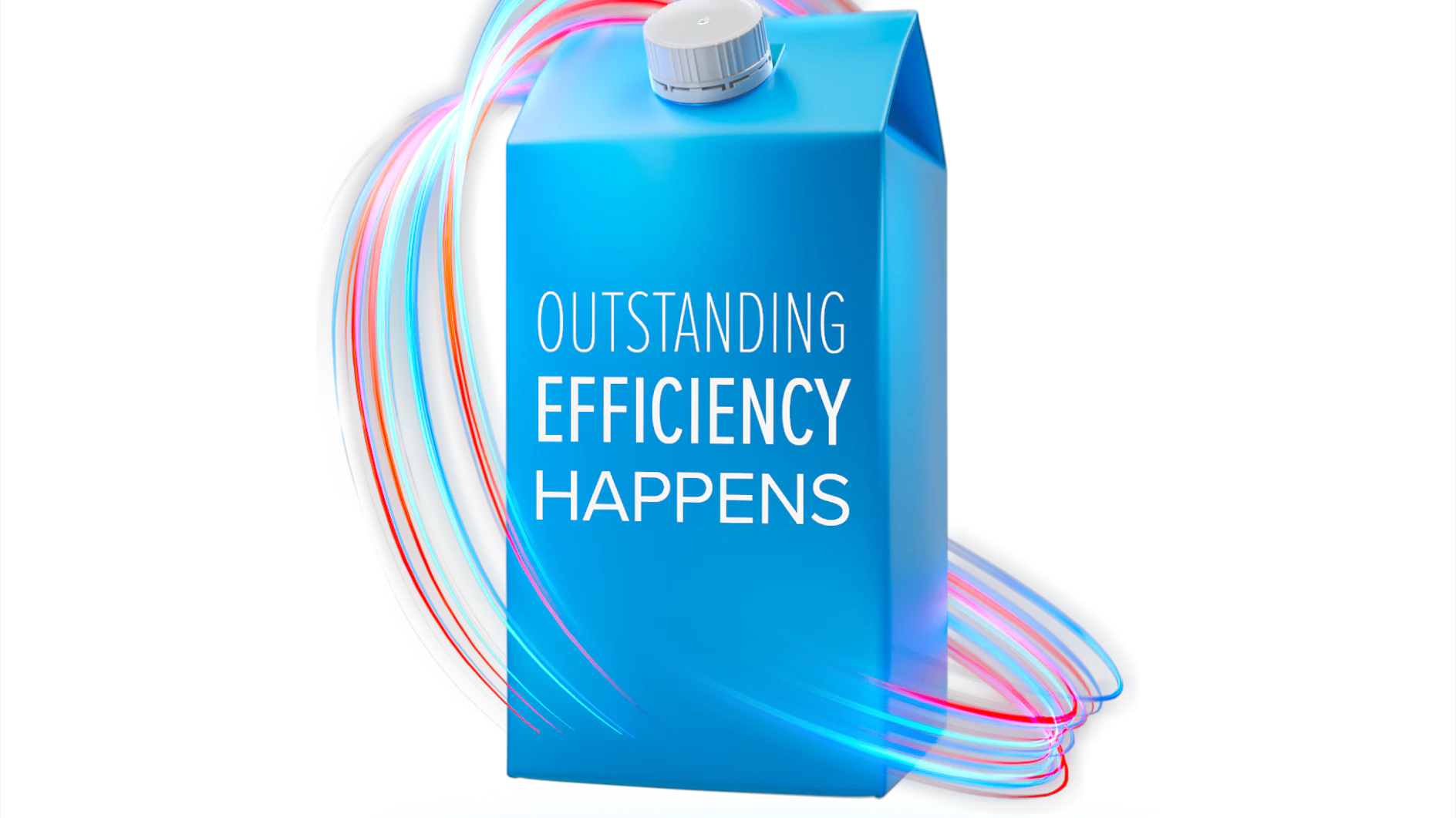 A blue carton with a white cap is centered against a white background. The text Outstanding Efficiency Happens is printed in white. Colorful, swirling lines resembling tesa tape encircle the carton, suggesting motion or energy. (This text has been generated by AI)