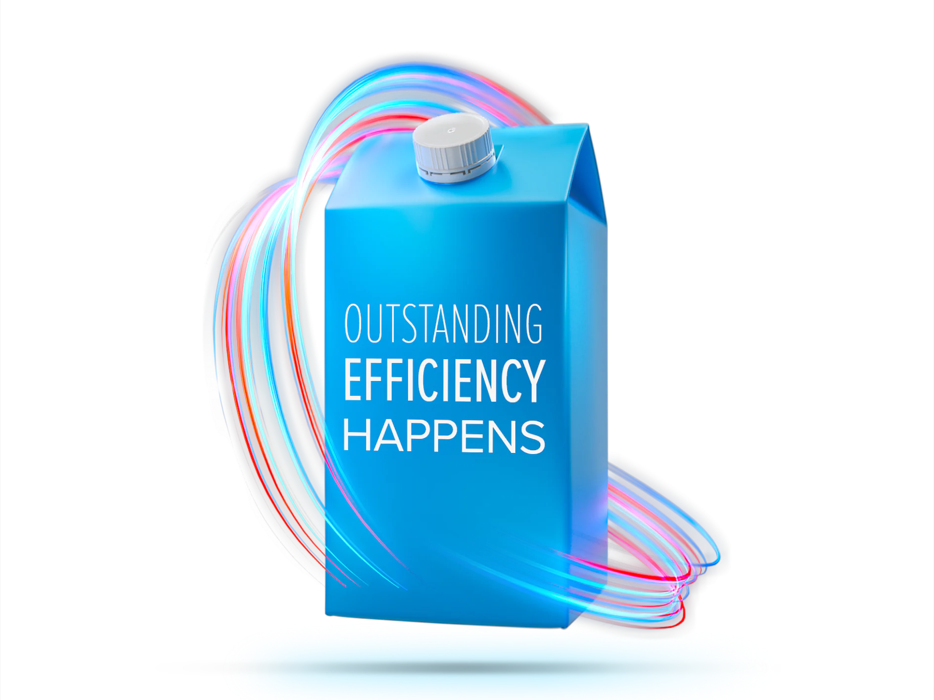 A blue carton with a white cap is centered against a white background. The text Outstanding Efficiency Happens is printed in white. Colorful, swirling lines resembling tesa tape encircle the carton, suggesting motion or energy. (This text has been generated by AI)