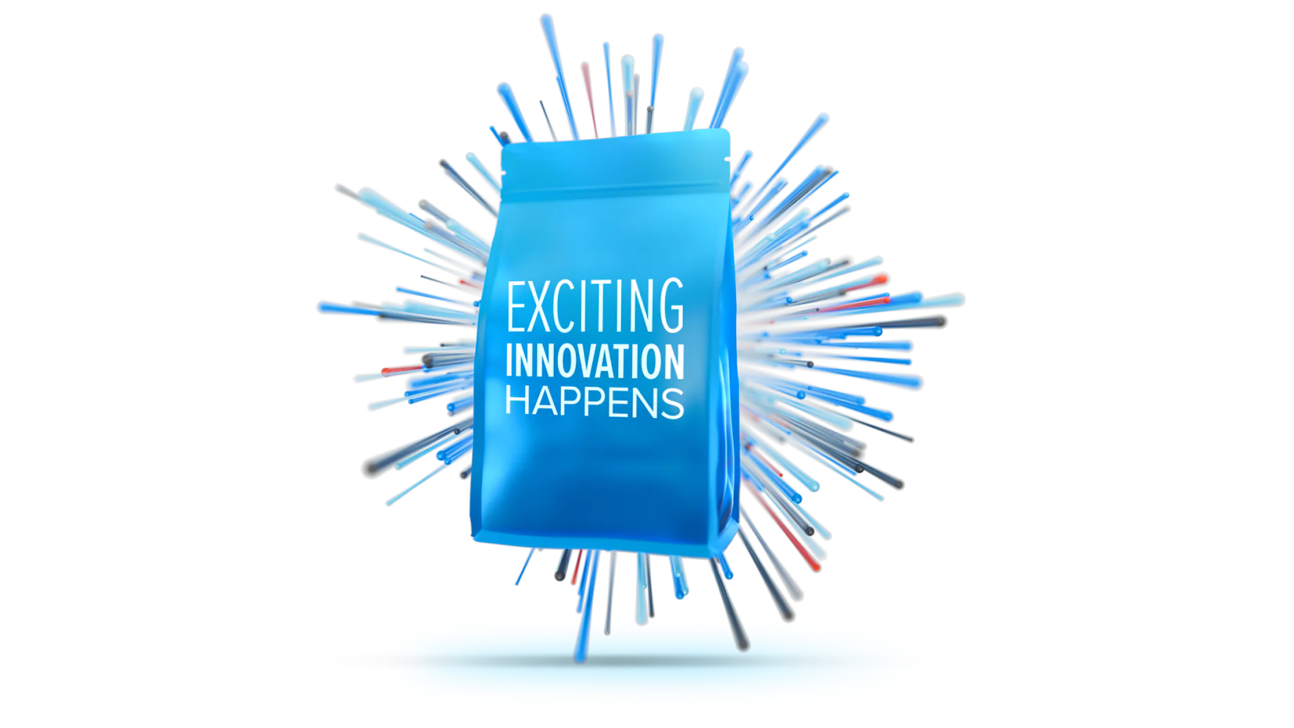 A blue sign with white text reading Exciting Innovation Happens is displayed on an easel. Behind it, there is a burst of elongated, multicolored shapes radiating outward, held in place by tesa tape. The scene is set on a light blue oval base. (This text has been generated by AI)