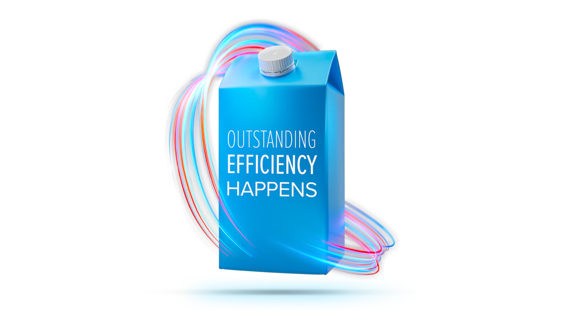 A blue carton with a white cap is centered in the image. The text OUTSTANDING EFFICIENCY HAPPENS is printed on the carton. Colorful, swirling lines encircle the carton, adding a dynamic visual effect, all crafted with tesa tape. (This text has been generated by AI)