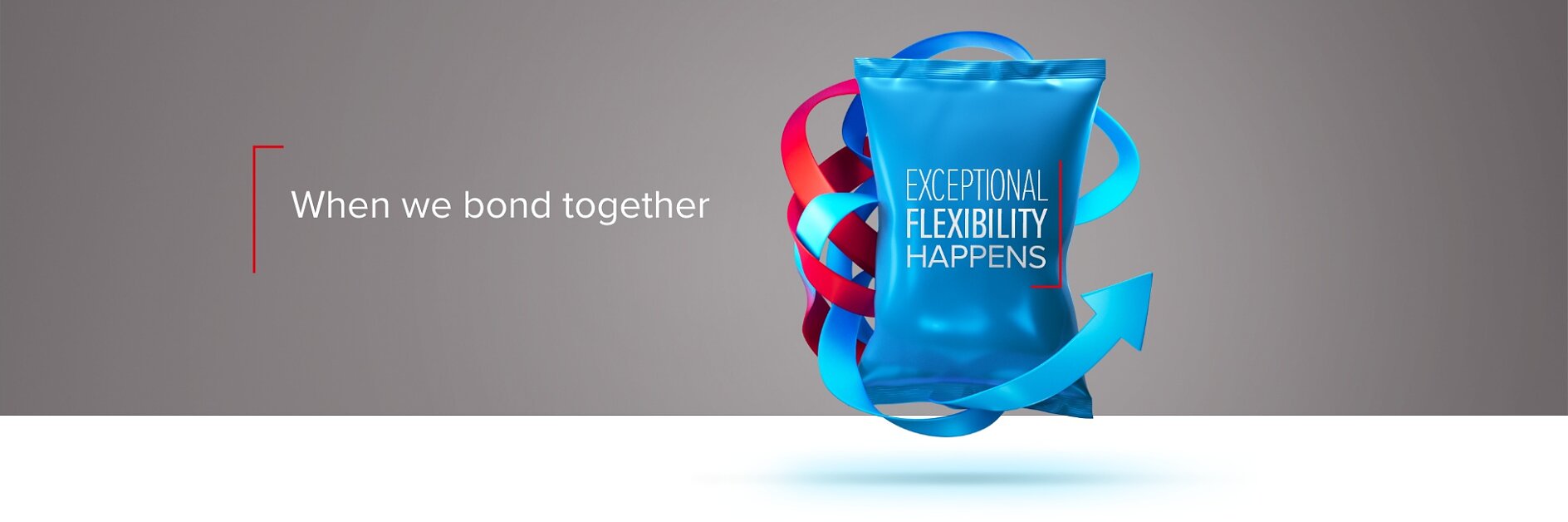 A blue package with the text Exceptional Flexibility Happens is wrapped in red and blue tesa tape against a gray background. The phrase When we bond together is on the left side. (This text has been generated by AI)