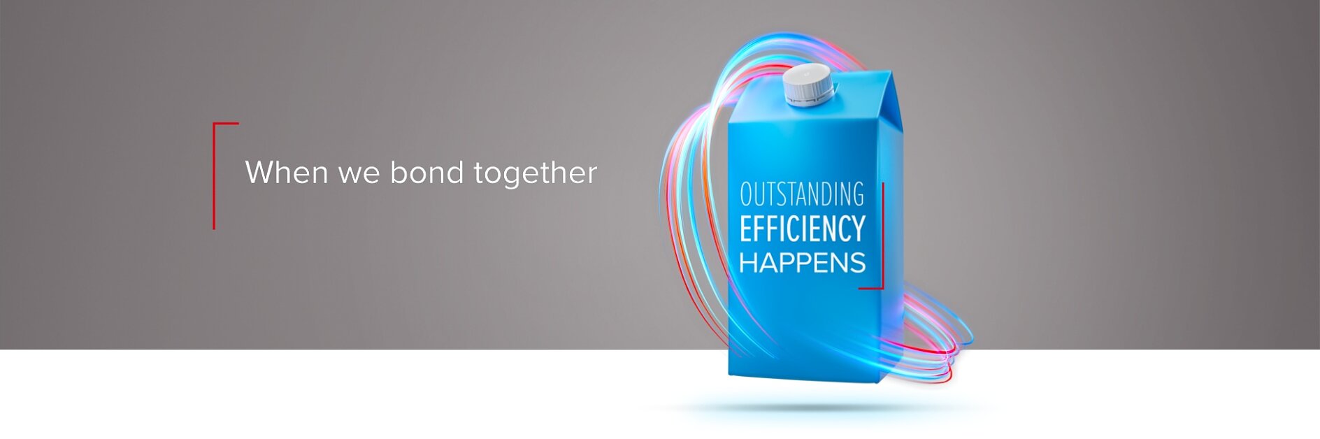 A blue carton with the text Outstanding efficiency happens on it is surrounded by colorful swirling lines. To the left, the phrase When we bond together is displayed on a gray background using tesa tape. (This text has been generated by AI)