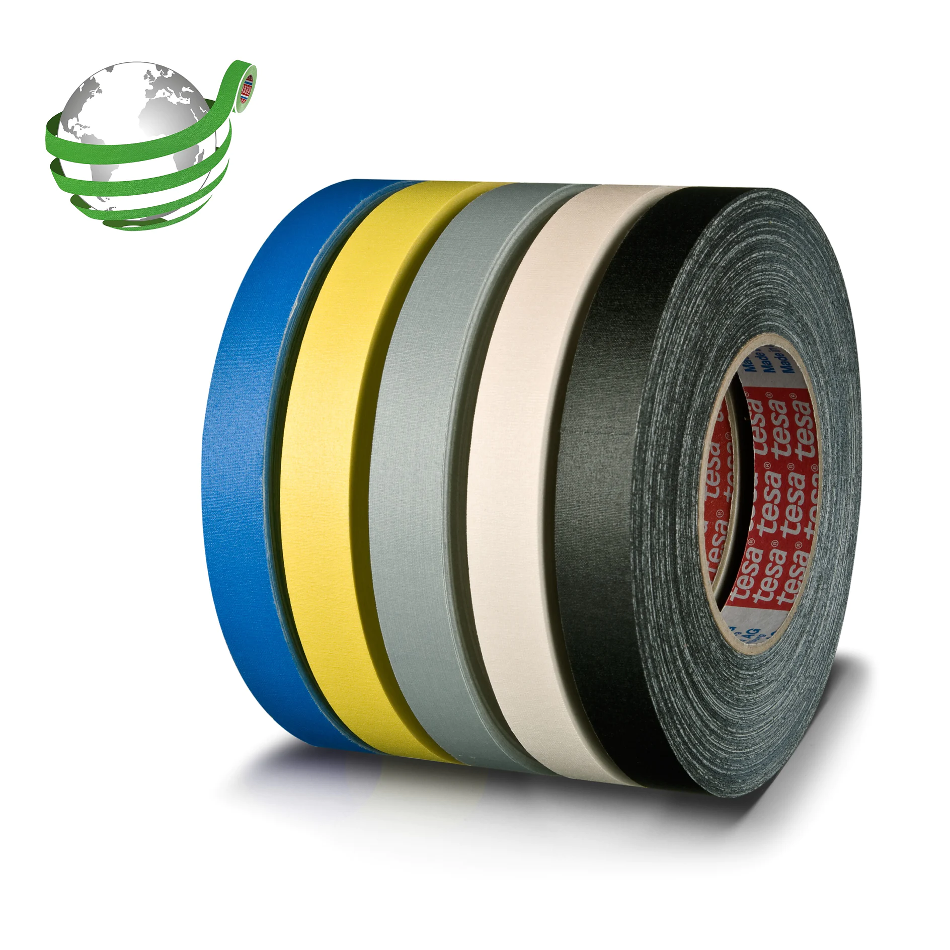 Five rolls of tesa adhesive tape in blue, yellow, gray, white, and black, stacked horizontally on a white background. (This text has been generated by AI)