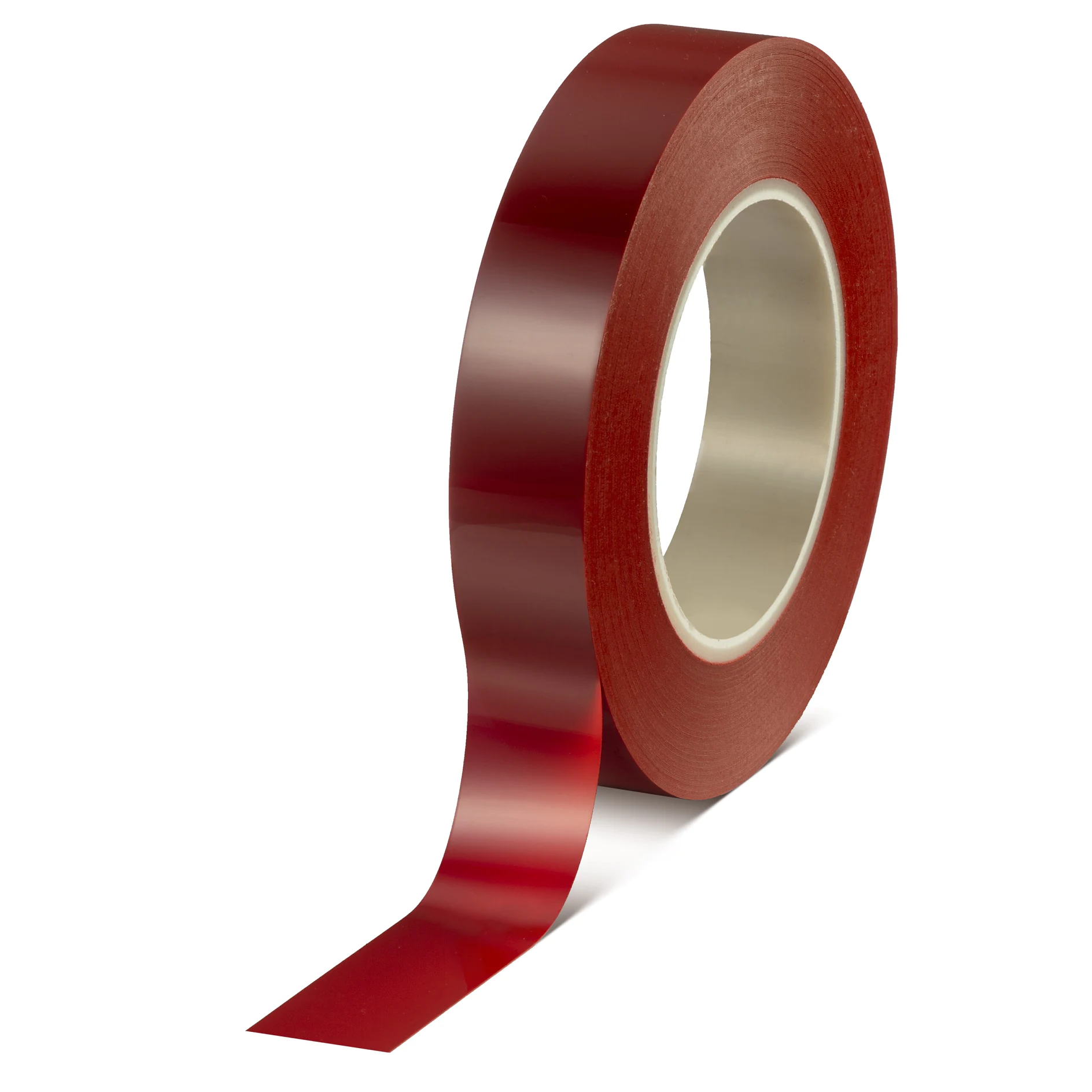 roll of red tesa adhesive tape standing upright with a length of tape partially unrolled on a white background (This text has been generated by AI)
