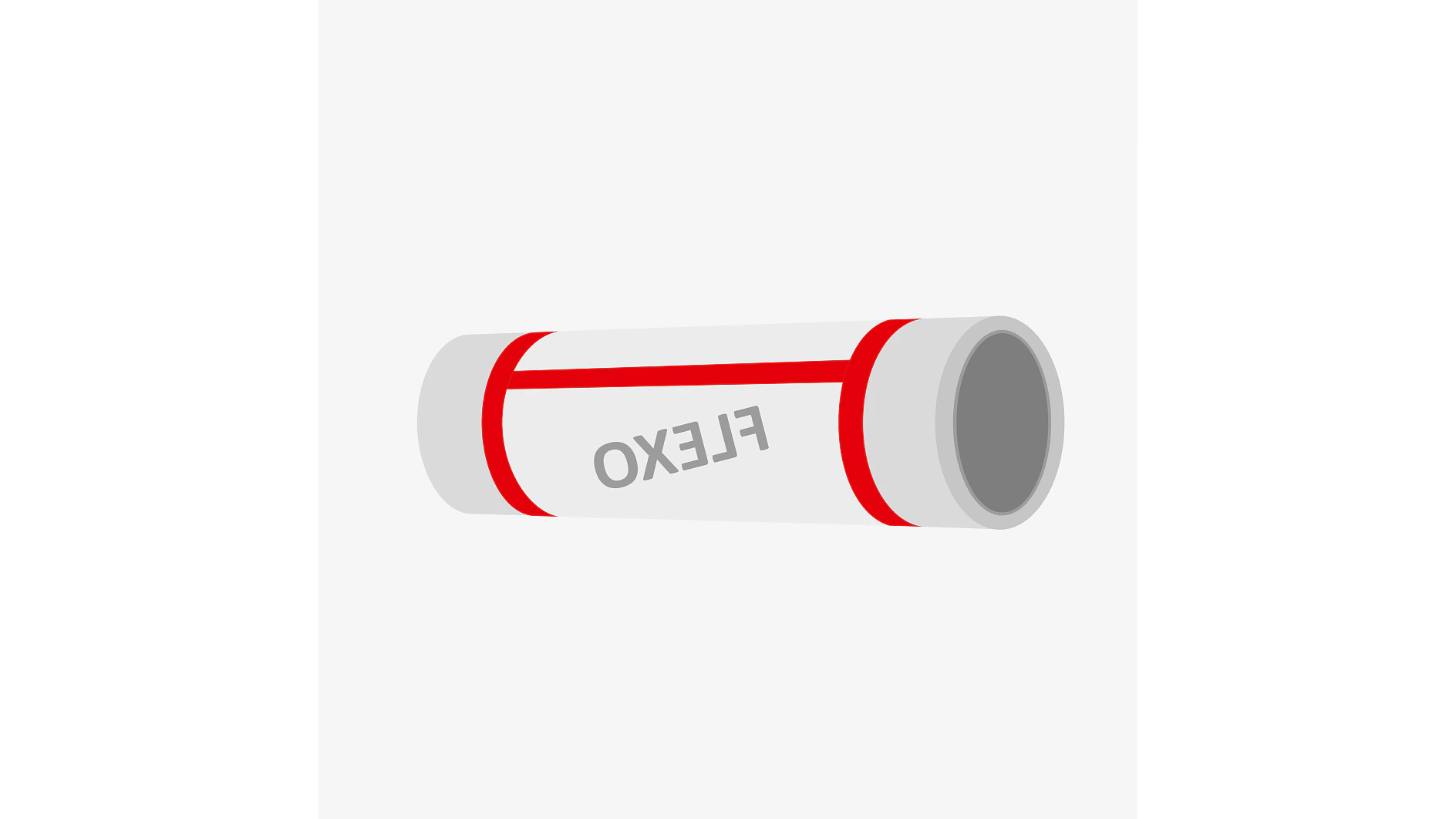 Illustration of a cylindrical object labeled FLEXO on its side. The cylinder is primarily white with two red bands near each end, made using tesa tape. The interior is gray, suggesting a hollow structure. (This text has been generated by AI)