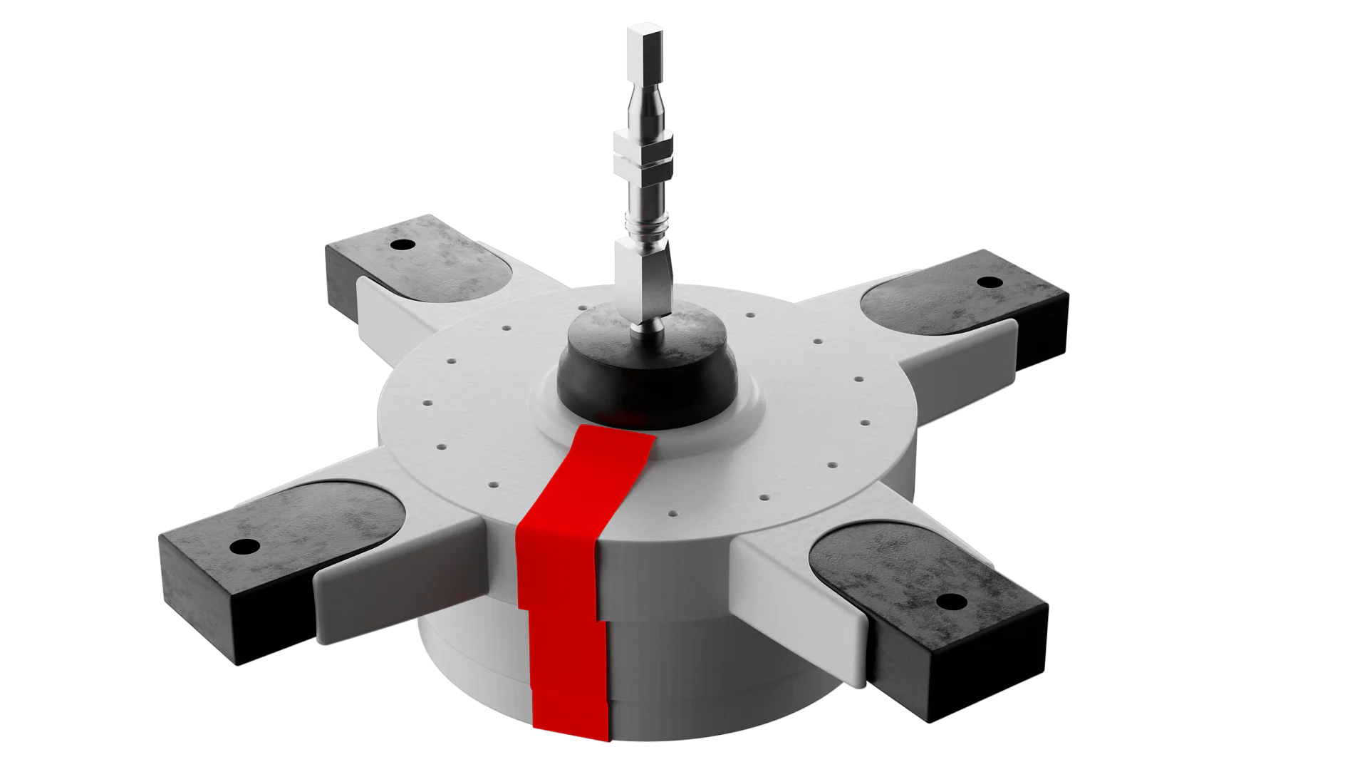 A gray mechanical component with a central protruding rod and four evenly spaced black-toned extensions, each with a flat surface. A red stripe created using tesa tape is present on the side of the main body, creating a contrasting element in the design. (This text has been generated by AI)