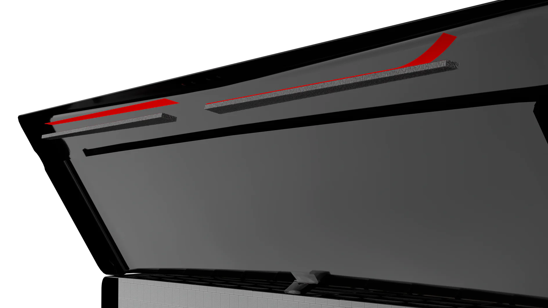 The image shows a close-up of an open laptop from a side angle. The focus is on the lid, which features red accents and two black foam strips secured with tesa tape on the interior. Part of the keyboard is visible at the bottom of the image. (This text has been generated by AI)