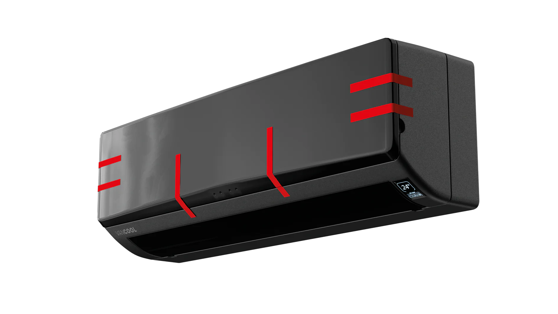 A wall-mounted black air conditioner with a sleek design is shown. Red accents are visible on its surface. It has a digital display on the lower right corner. The background is white. (This text has been generated by AI)