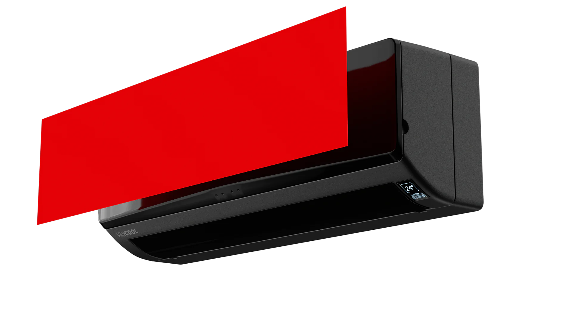 A black wall-mounted air conditioning unit is installed, with a red rectangle obscuring part of the view. The red rectangle covers the top portion of the unit, leaving the bottom half visible. (This text has been generated by AI)