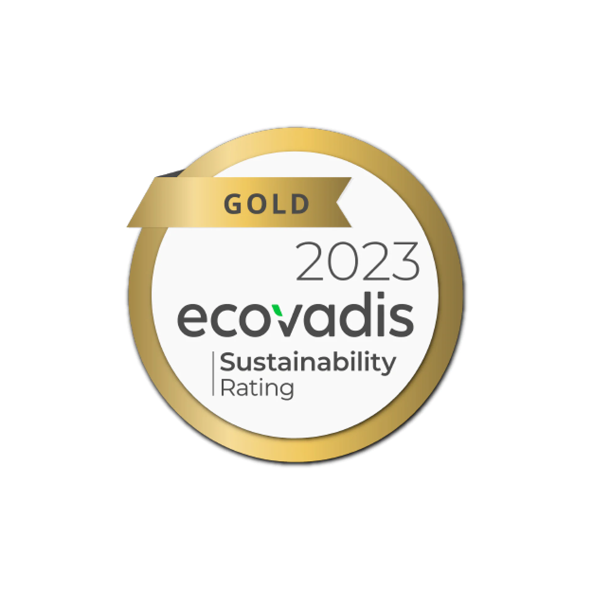 The image shows a gold-bordered circular badge with a gold banner. The text reads Gold 2023 Ecovadis Sustainability Rating. (This text has been generated by AI)