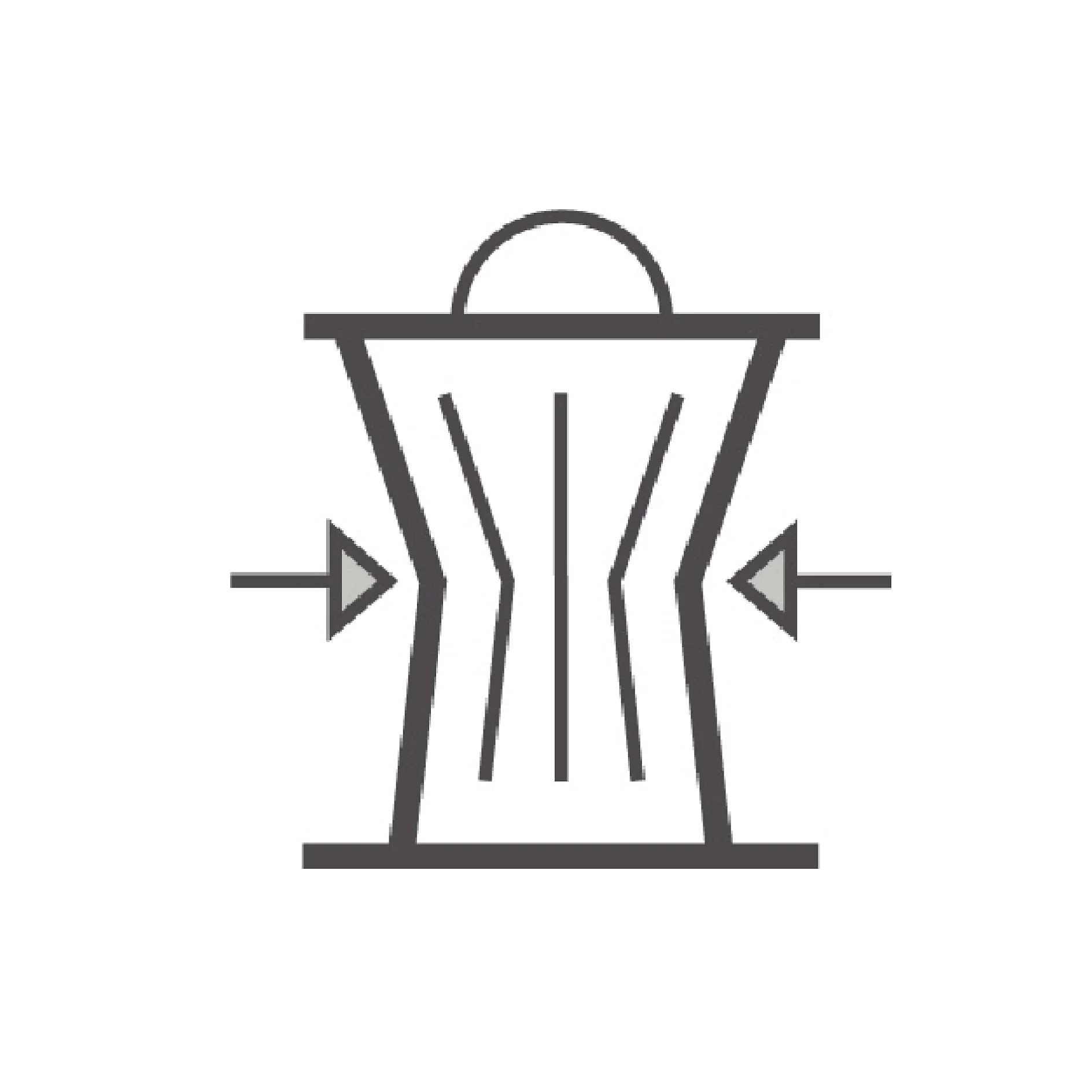 Line art of a trash can with a lid and two arrows pointing inward from either side, meeting in the center. The central part of the can is cinched inward with tesa tape, creating a waist-like appearance. (This text has been generated by AI)