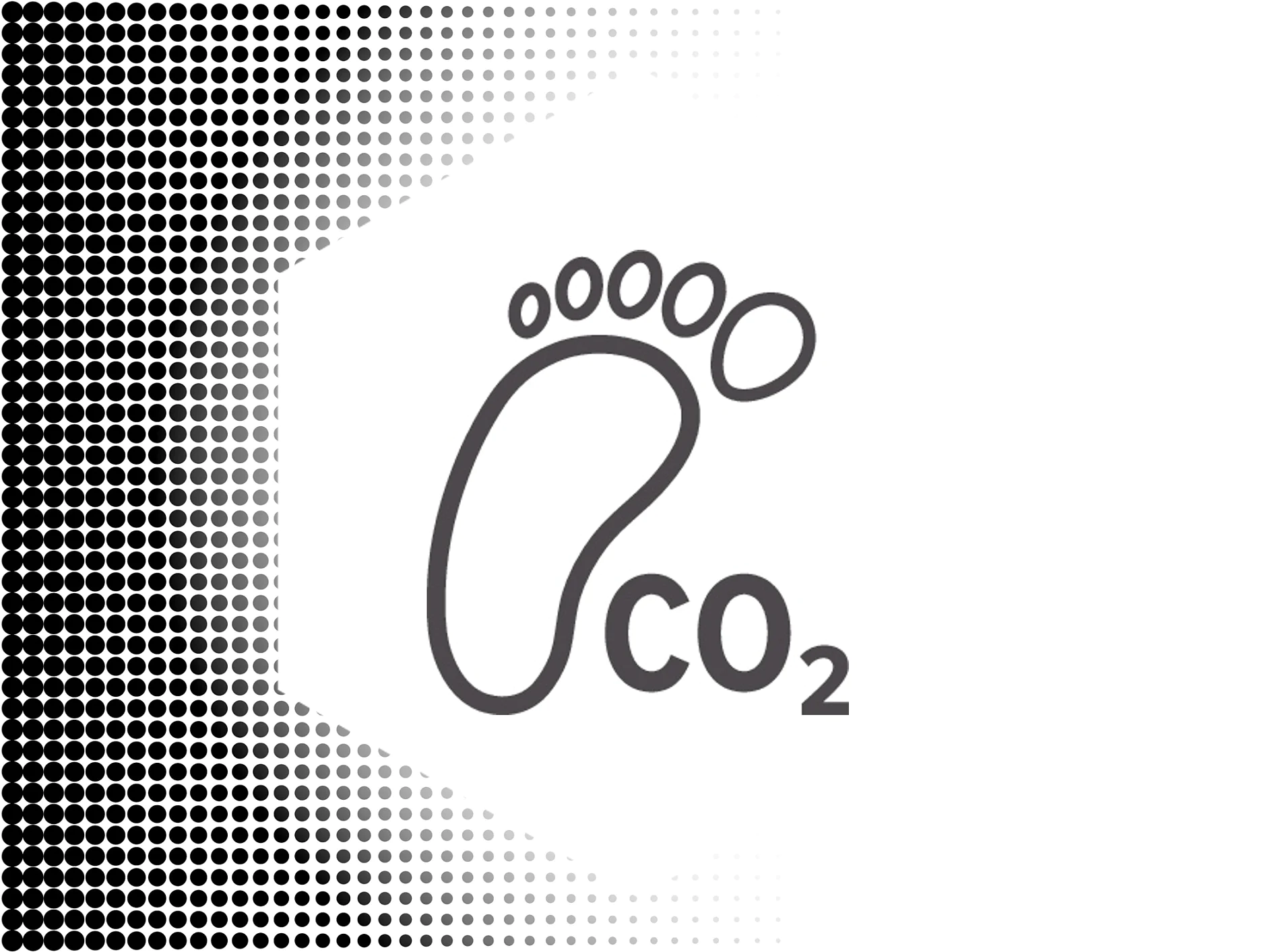 Illustration of a footprint with CO2 written below it. The image features a monochrome halftone pattern on the left, transitioning from dense black dots to white, creating a gradient effect. The background is mostly white. (This text has been generated by AI)