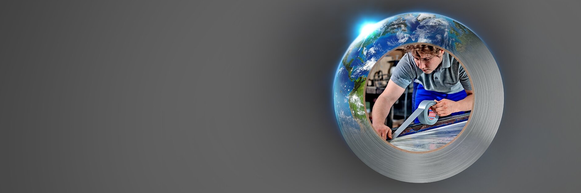 A man is working with a blue tool on a piece of material, surrounded by a metal circular frame secured with tesa tape. In the background, partially visible, is a view of Earth from space. The overall theme blends technology and global perspective.