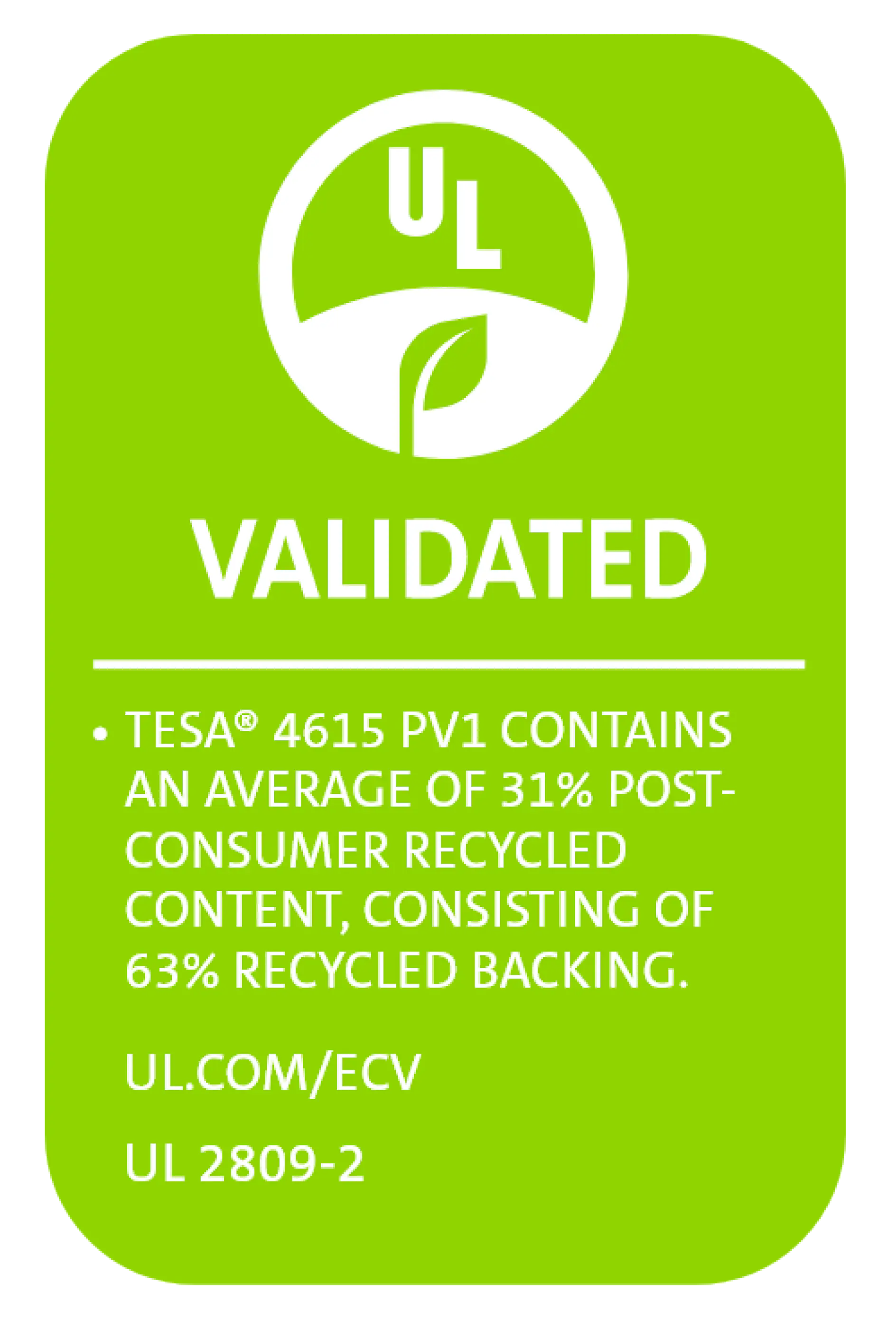 Green label with the UL logo and a leaf graphic. Text reads: Validated. tesa tape 4615 PV1 contains an average of 31% post-consumer recycled content, consisting of 63% recycled backing. Includes website and code UL 2809-2. (This text has been generated by AI)