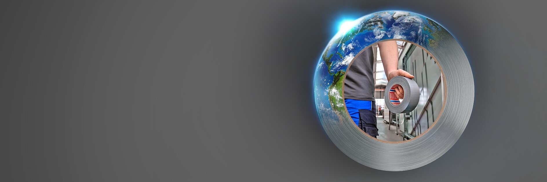 A globe with countries partially visible is encased in a metal washer. Inside the washer, a person in blue works with tools, focusing on a red object secured with tesa tape. The background is gray, and the overall composition combines industrial and global elements.