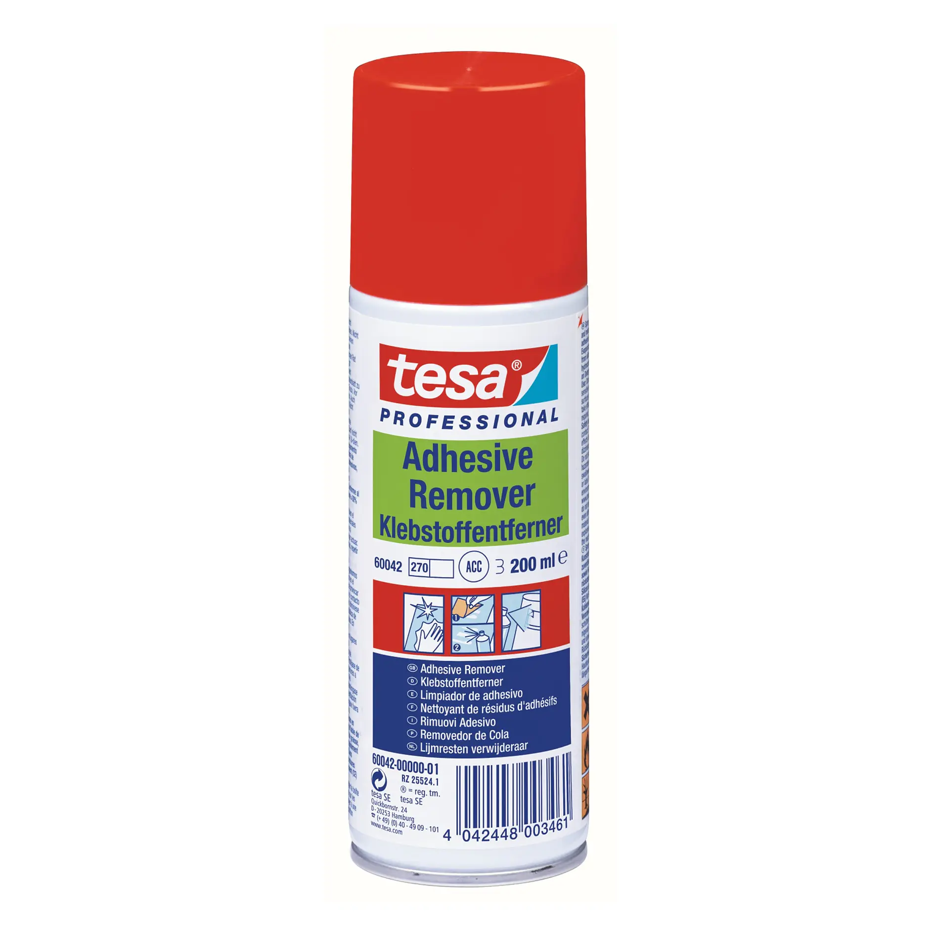 A can of tesa tape Professional Adhesive Remover with a red cap. The label features text in multiple languages, an illustration of its use, and details such as a 200 ml volume and product codes 60042 and 2720. (This text has been generated by AI)