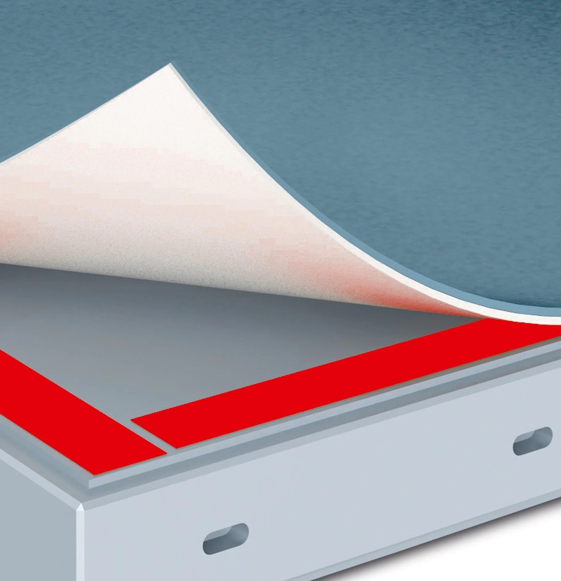 tesa adhesive tape being applied to a metal surface with the tape backing partially peeled back, indoor setting (This text has been generated by AI)